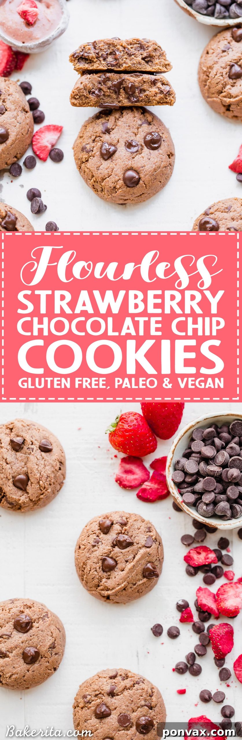 A final shot of Flourless Strawberry Chocolate Chip Cookies, emphasizing their delicious, healthy, and easy-to-make nature.