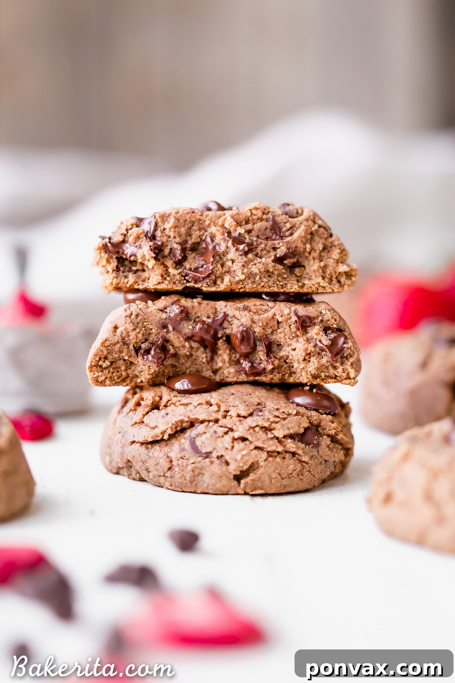 Close-up of a Flourless Strawberry Chocolate Chip Cookie showing its soft texture and embedded chocolate chips, highlighting its gluten-free, paleo, and vegan qualities.