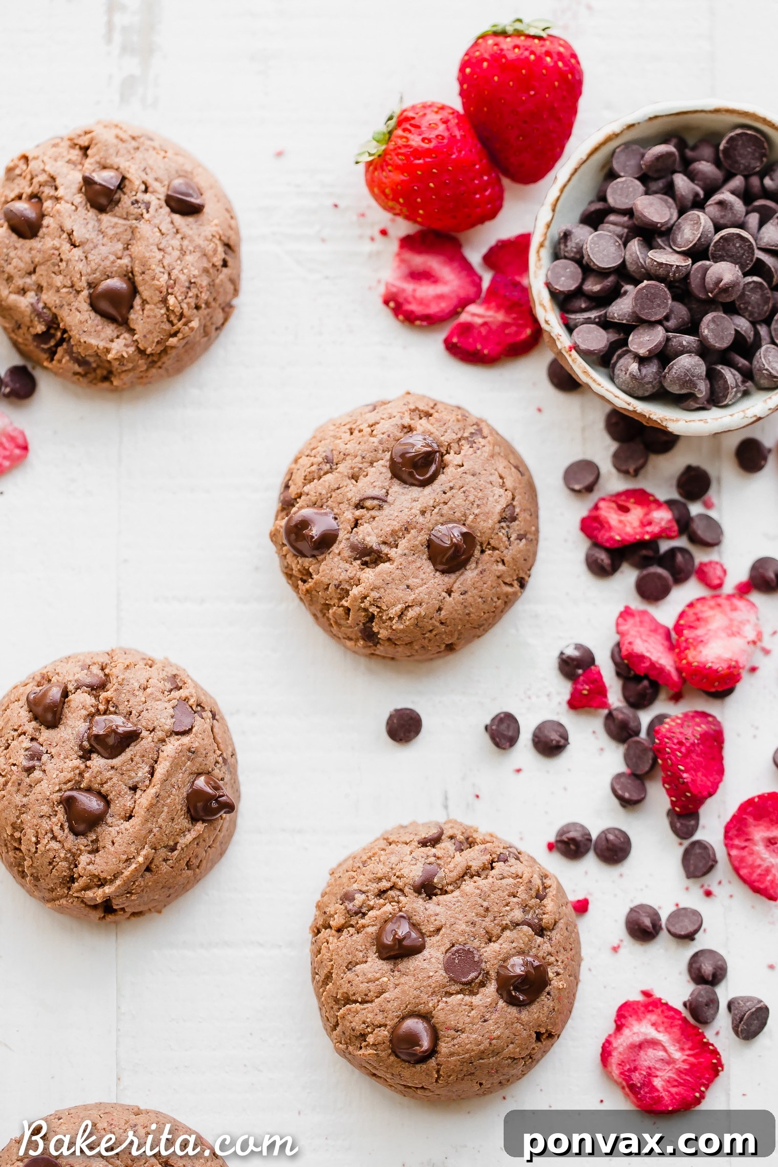 Pile of Flourless Strawberry Chocolate Chip Cookies on a plate, showcasing their inviting texture and color, emphasizing their gluten-free, paleo, and vegan nature.