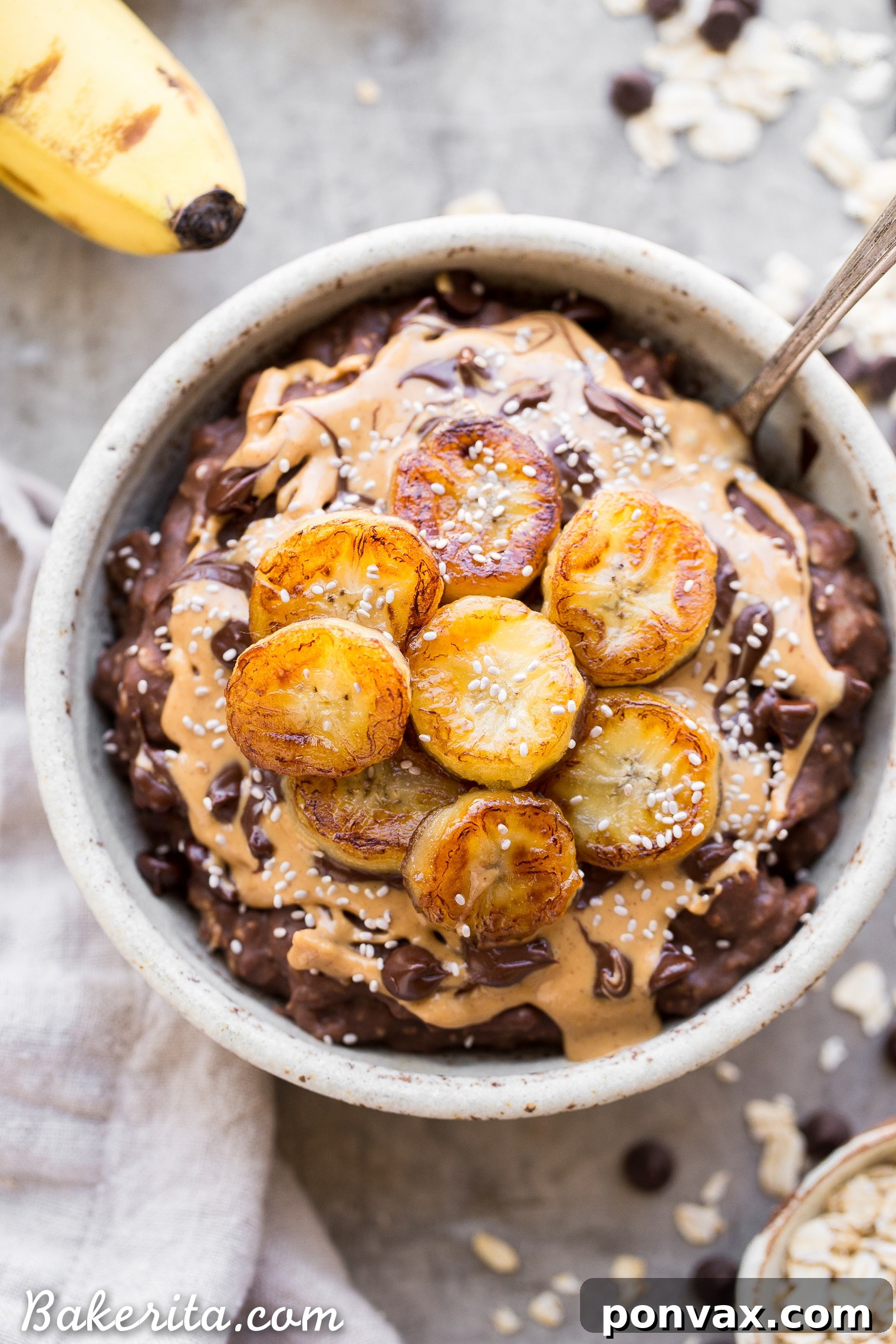 Close-up shot of rich Chocolate Banana Oatmeal, a natural energy booster and satisfying breakfast.