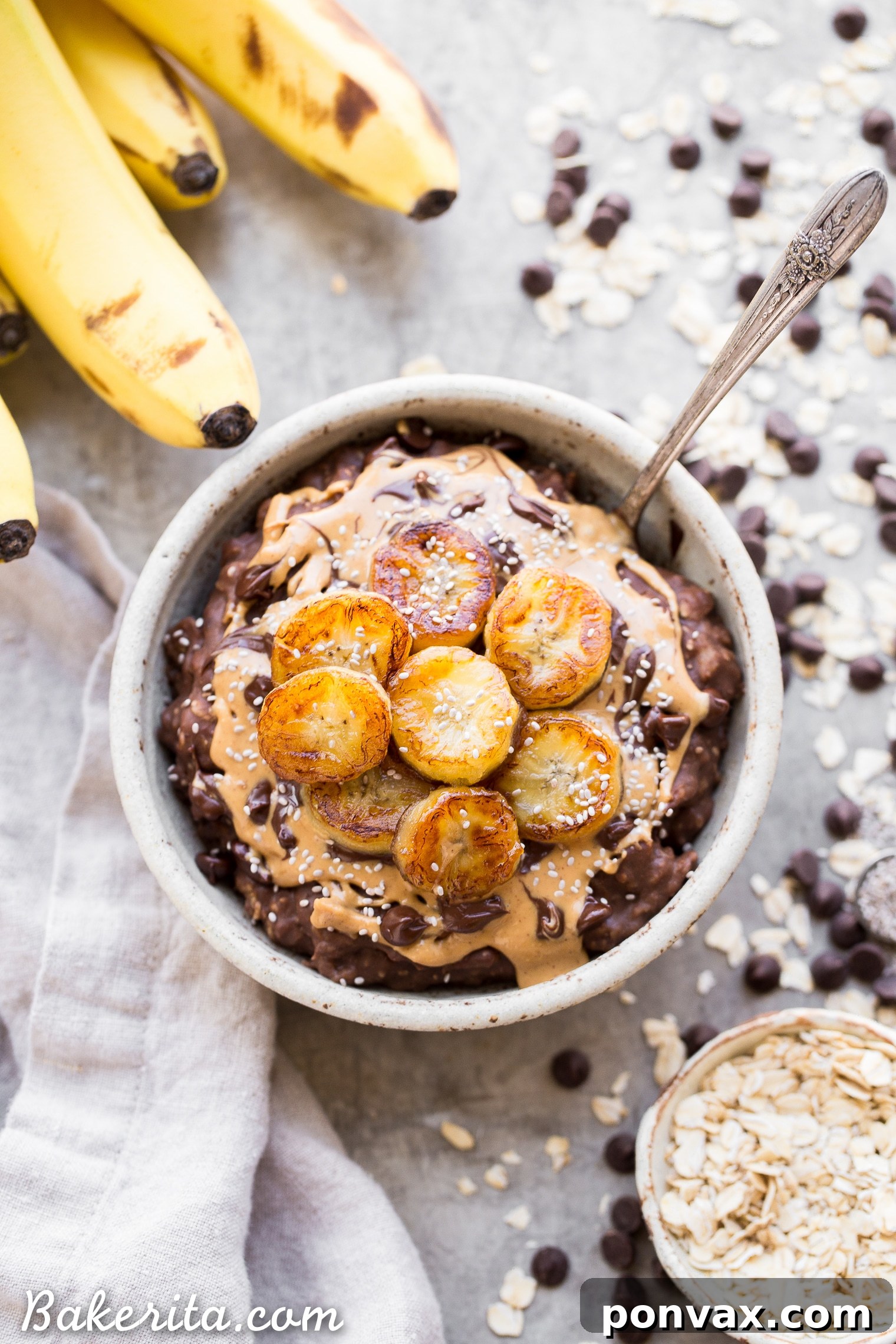 Final presentation of Chocolate Banana Oatmeal, showcasing its appealing texture and toppings.