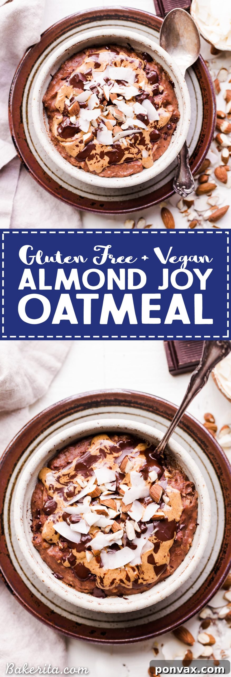Almond Joy Oatmeal, a healthy and delicious breakfast alternative to the candy bar, featuring oats, chocolate, coconut, and almonds.