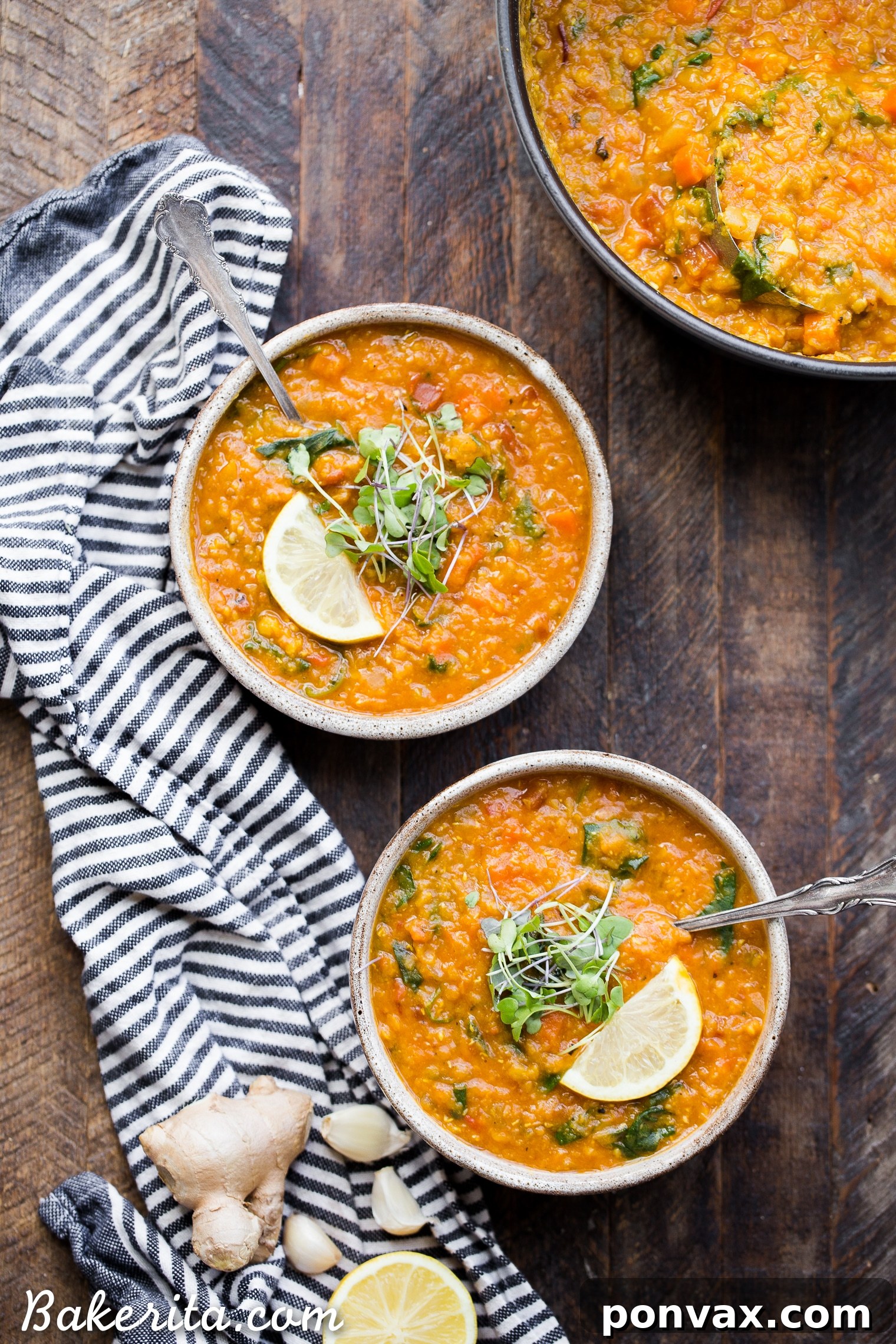 Creamy Vegan Red Lentil Delight 2 A steaming bowl of spiced Vegan Red Lentil Soup, garnished with fresh herbs and a lemon wedge, promising a warm, comforting, and healthy meal.