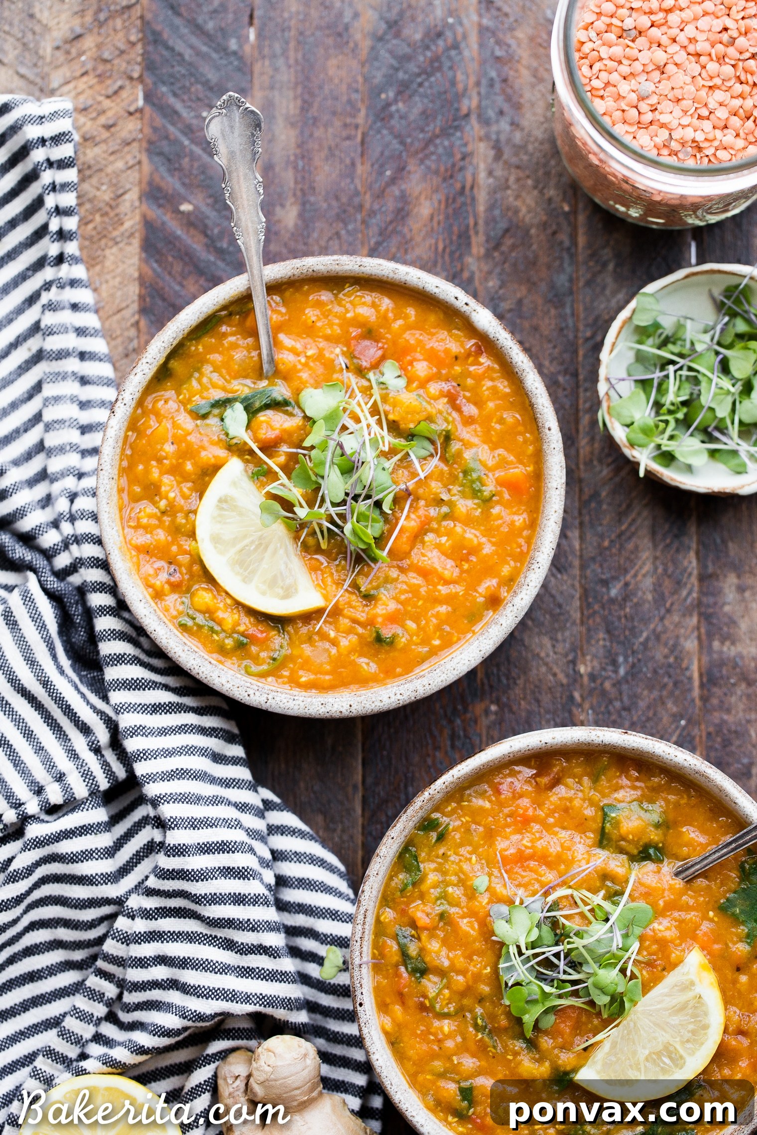 Creamy Vegan Red Lentil Delight 4 Ingredients for Vegan Red Lentil Soup laid out on a kitchen counter, featuring fresh vegetables, spices, and a bowl of red lentils.