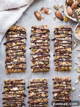 Activated Wholesome Nut Seed Bars 7 A close-up image of No Bake Sprouted Nut & Seed Granola Bars, emphasizing their texture and chocolate drizzle.