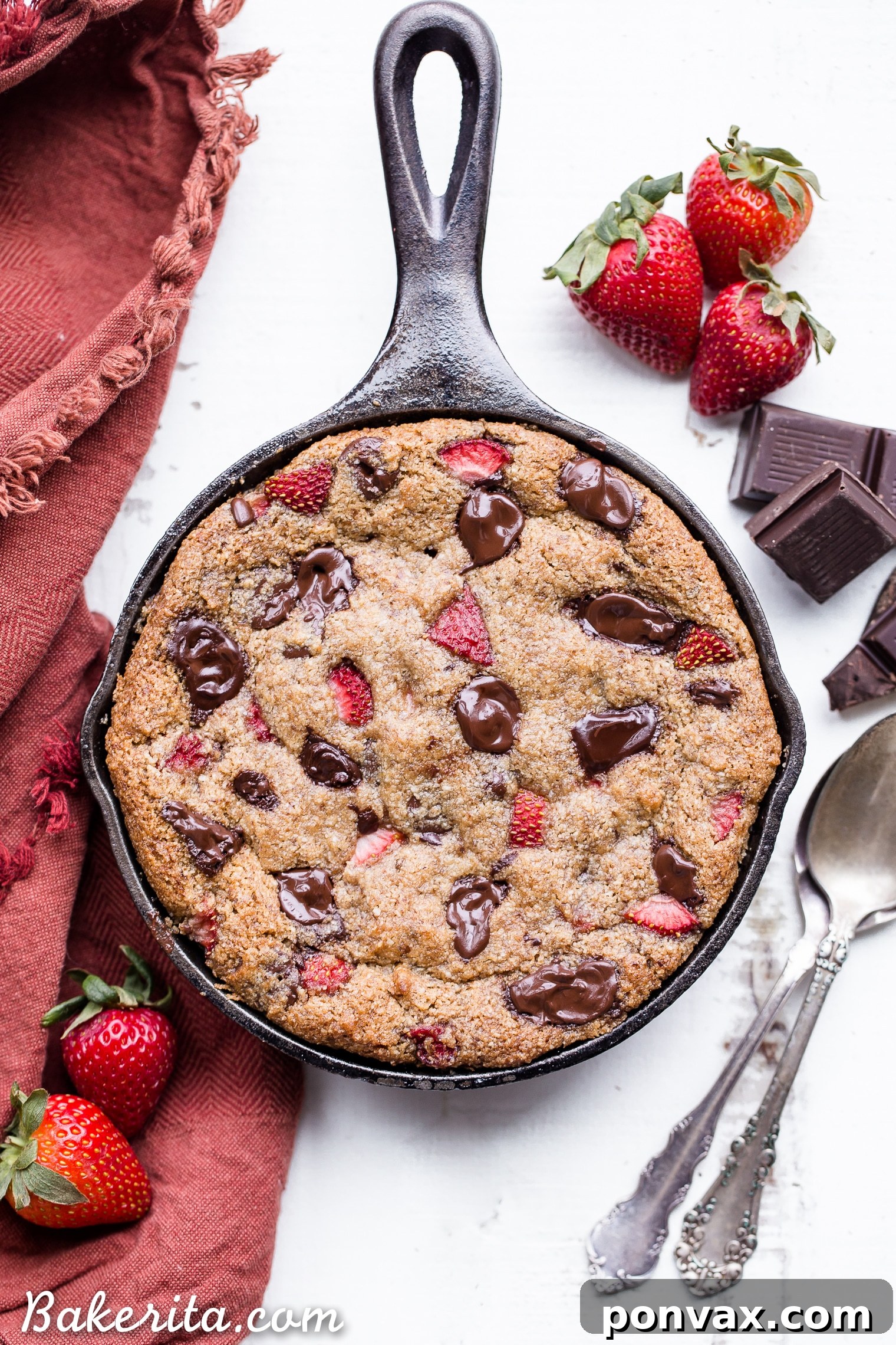 Decadent Gluten-Free Strawberry Chocolate Skillet Cookie 2 This Strawberry Chocolate Chunk Skillet Cookie is gooey in the middle, with crispy edges and all the flavors you love in a chocolate covered strawberry! This gluten-free, paleo and vegan skillet cookie will satisfy all your cravings - the fresh strawberries are the perfect fruity addition to this rich, chocolatey treat!