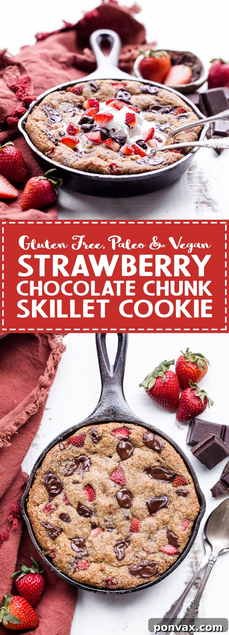 Decadent Gluten-Free Strawberry Chocolate Skillet Cookie 8 This Strawberry Chocolate Chunk Skillet Cookie is gooey in the middle, with crispy edges and all the flavors you love in a chocolate covered strawberry! This gluten-free, paleo and vegan skillet cookie will satisfy all your cravings - the fresh strawberries are the perfect fruity addition to this rich, chocolatey treat!