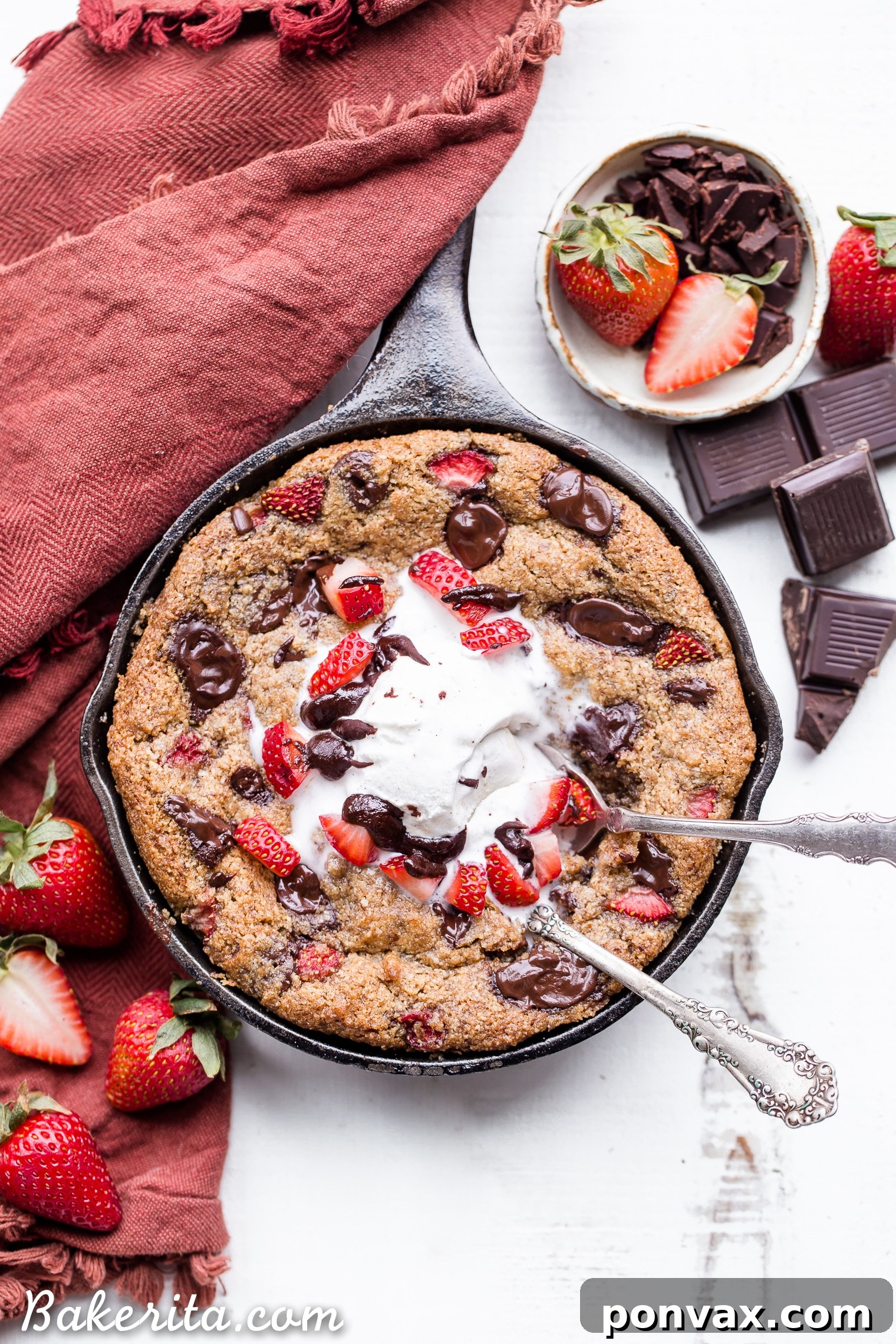 Decadent Gluten-Free Strawberry Chocolate Skillet Cookie 3 This Strawberry Chocolate Chunk Skillet Cookie is gooey in the middle, with crispy edges and all the flavors you love in a chocolate covered strawberry! This gluten-free, paleo and vegan skillet cookie will satisfy all your cravings - the fresh strawberries are the perfect fruity addition to this rich, chocolatey treat!