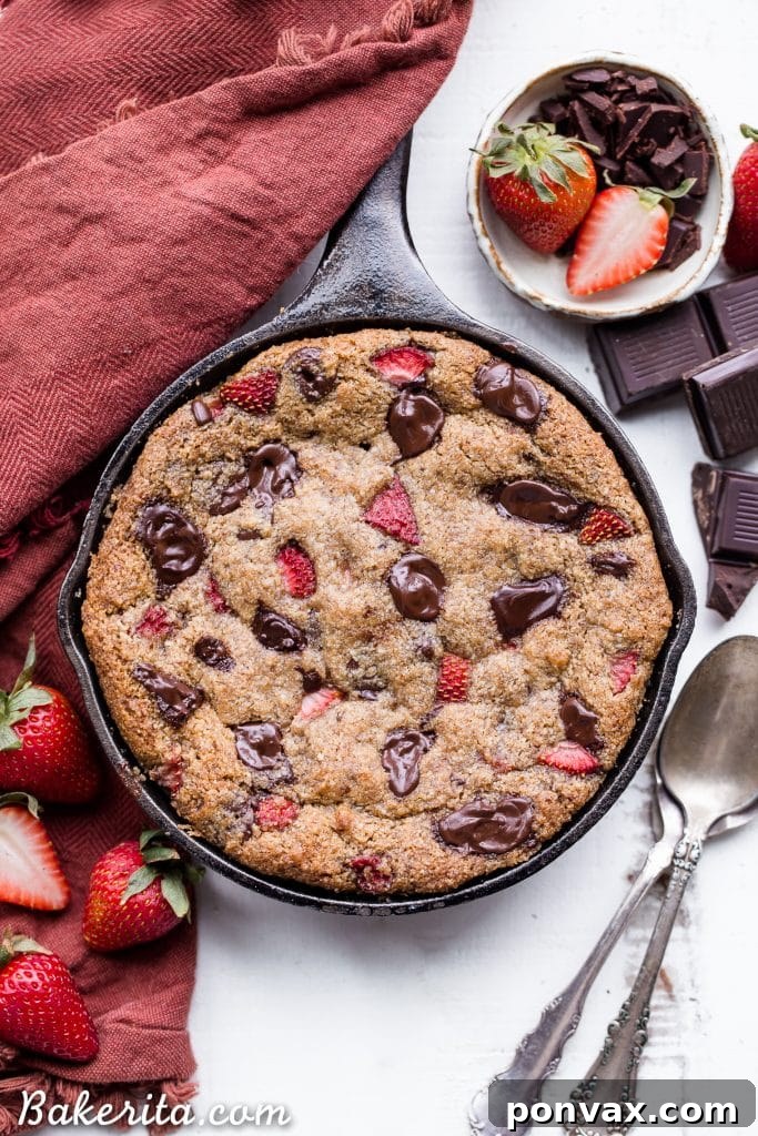 Decadent Gluten-Free Strawberry Chocolate Skillet Cookie 5 This Strawberry Chocolate Chunk Skillet Cookie is gooey in the middle, with crispy edges and all the flavors you love in a chocolate covered strawberry! This gluten-free, paleo and vegan skillet cookie will satisfy all your cravings - the fresh strawberries are the perfect fruity addition to this rich, chocolatey treat!