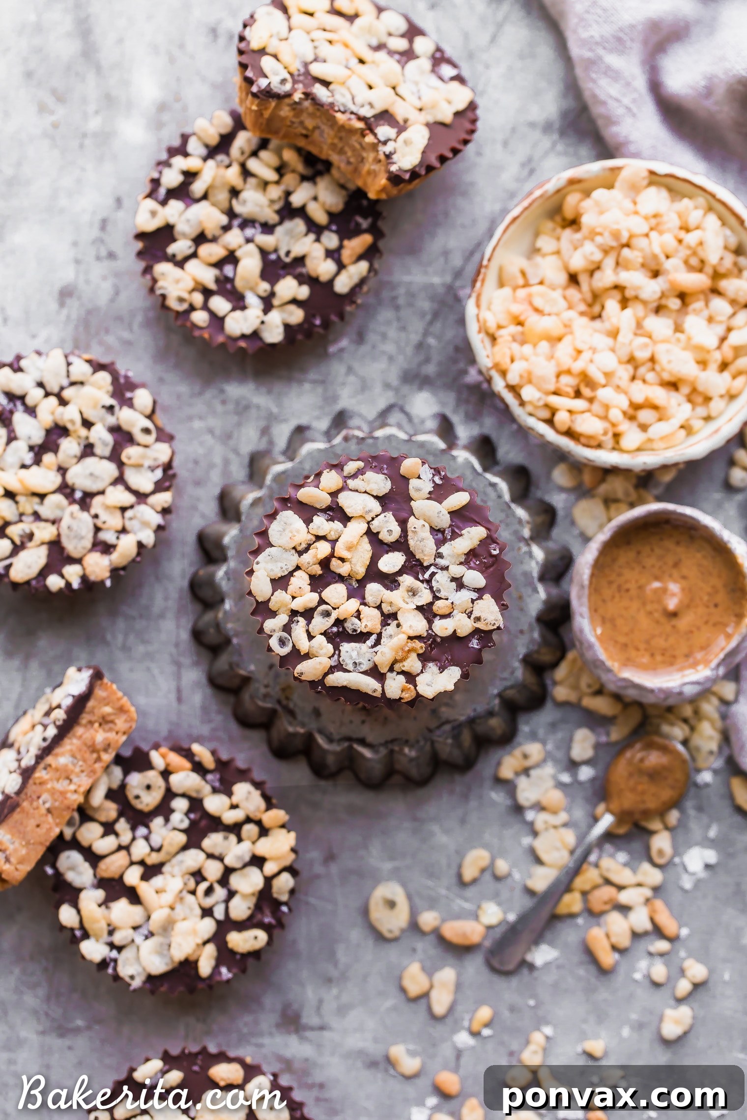 Decadent Crispy Chocolate Almond Butter Bites Vegan Gluten Free 6 A tray of freshly made No-Bake Crispy Chocolate Almond Butter Cups, ready to be enjoyed.