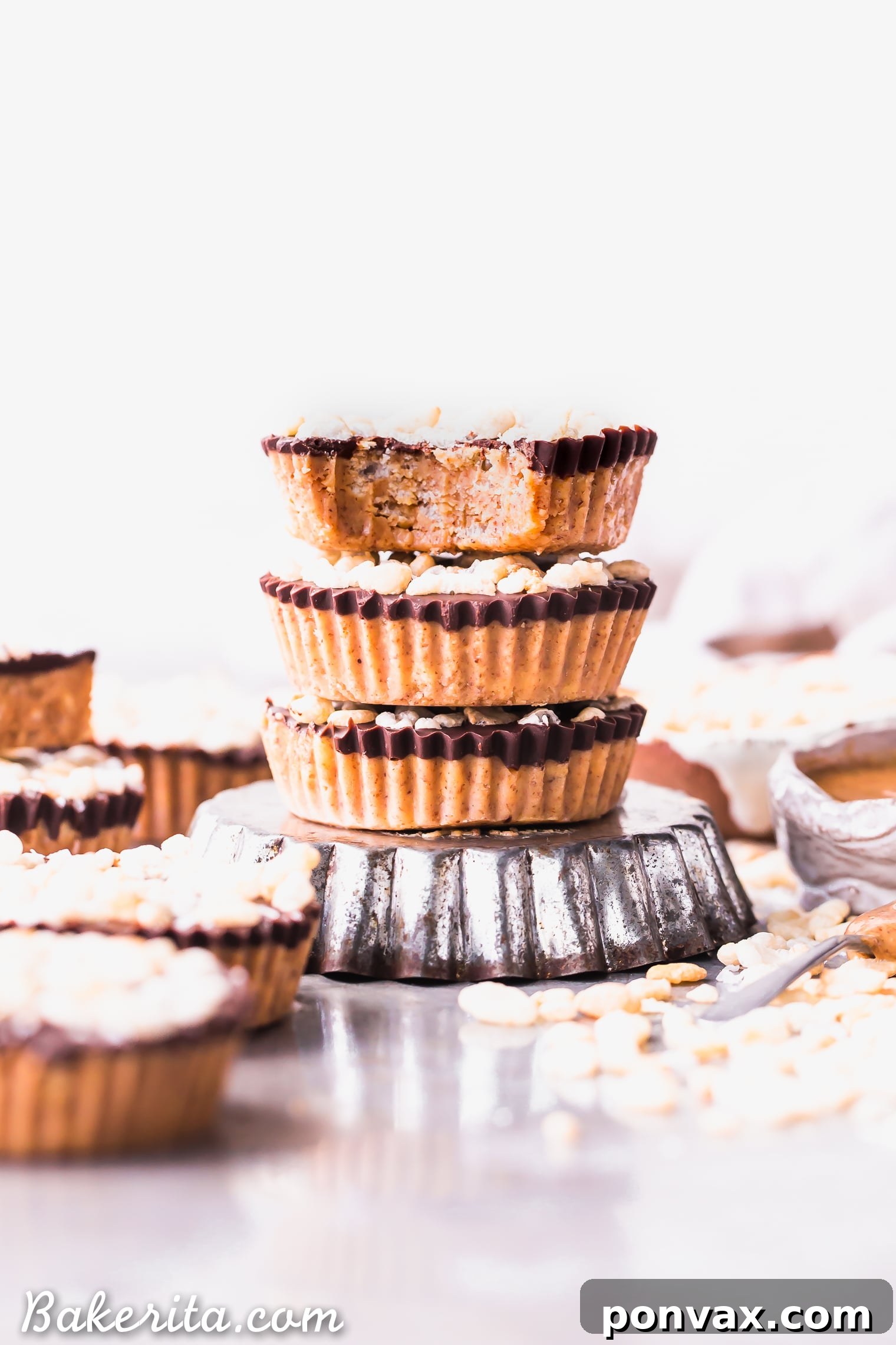 Decadent Crispy Chocolate Almond Butter Bites Vegan Gluten Free 7 A close-up shot of a single No-Bake Crispy Chocolate Almond Butter Cup, showing its perfect layers.