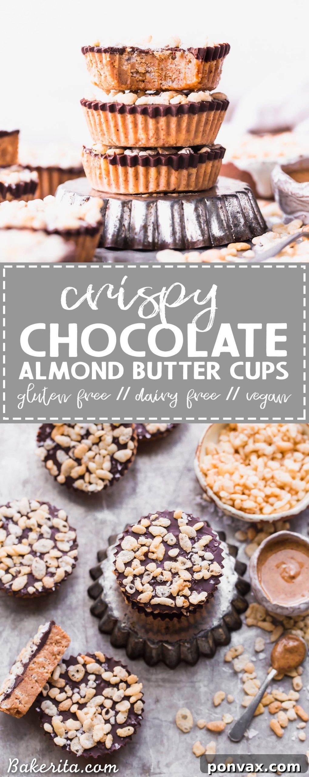 Decadent Crispy Chocolate Almond Butter Bites Vegan Gluten Free 9 A large image displaying multiple No-Bake Crispy Chocolate Almond Butter Cups on a light background.