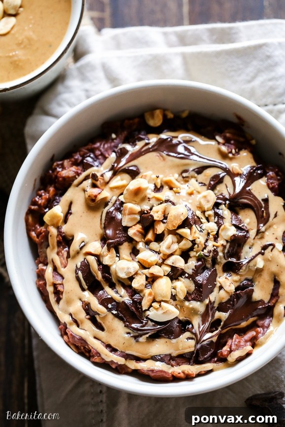 Close-up shot of Chocolate Peanut Butter Oatmeal, showcasing its velvety texture and a swirl of peanut butter.