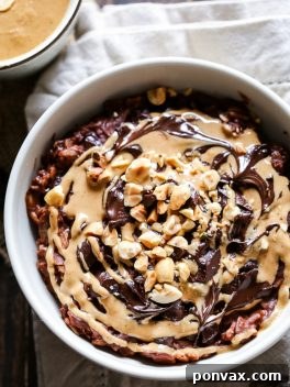 A bowl of Chocolate Peanut Butter Oatmeal, showcasing its appealing texture and delicious toppings, ready to serve.