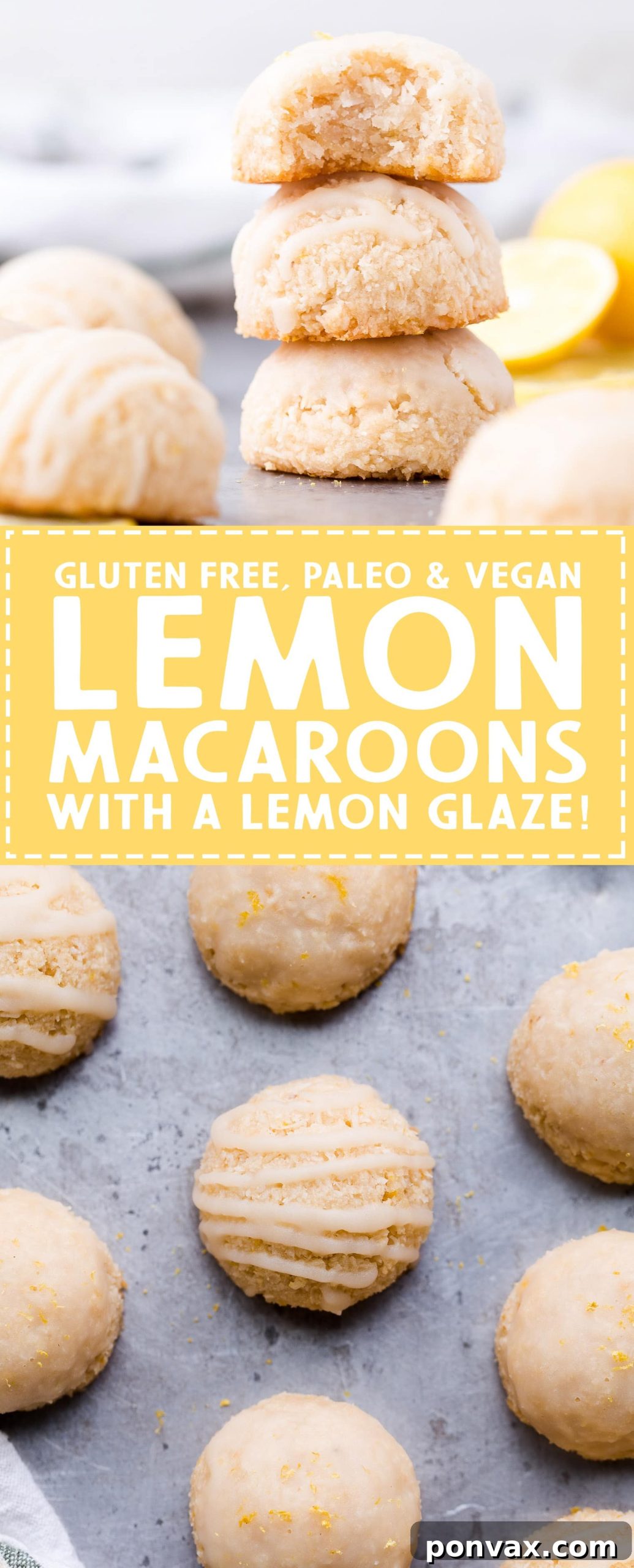 These Lemon Macaroons are bright with lemon flavor, with a touch of maple sweetness and a deliciously chewy texture. The tart lemon glaze is made with coconut butter. You're going to love these irresistibly scrumptious gluten-free, paleo, and vegan macaroons.