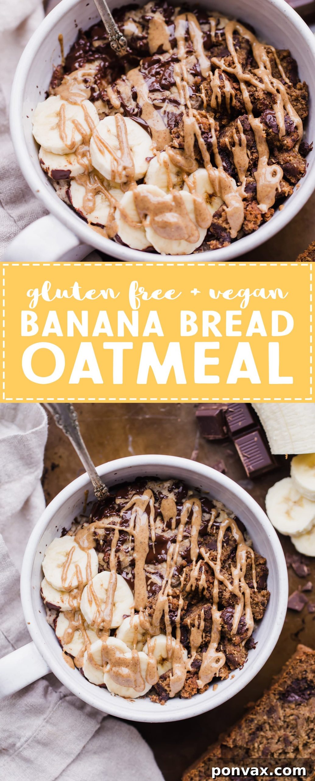 Full-frame, vibrant image of a serving of Banana Bread Oatmeal with tempting toppings.