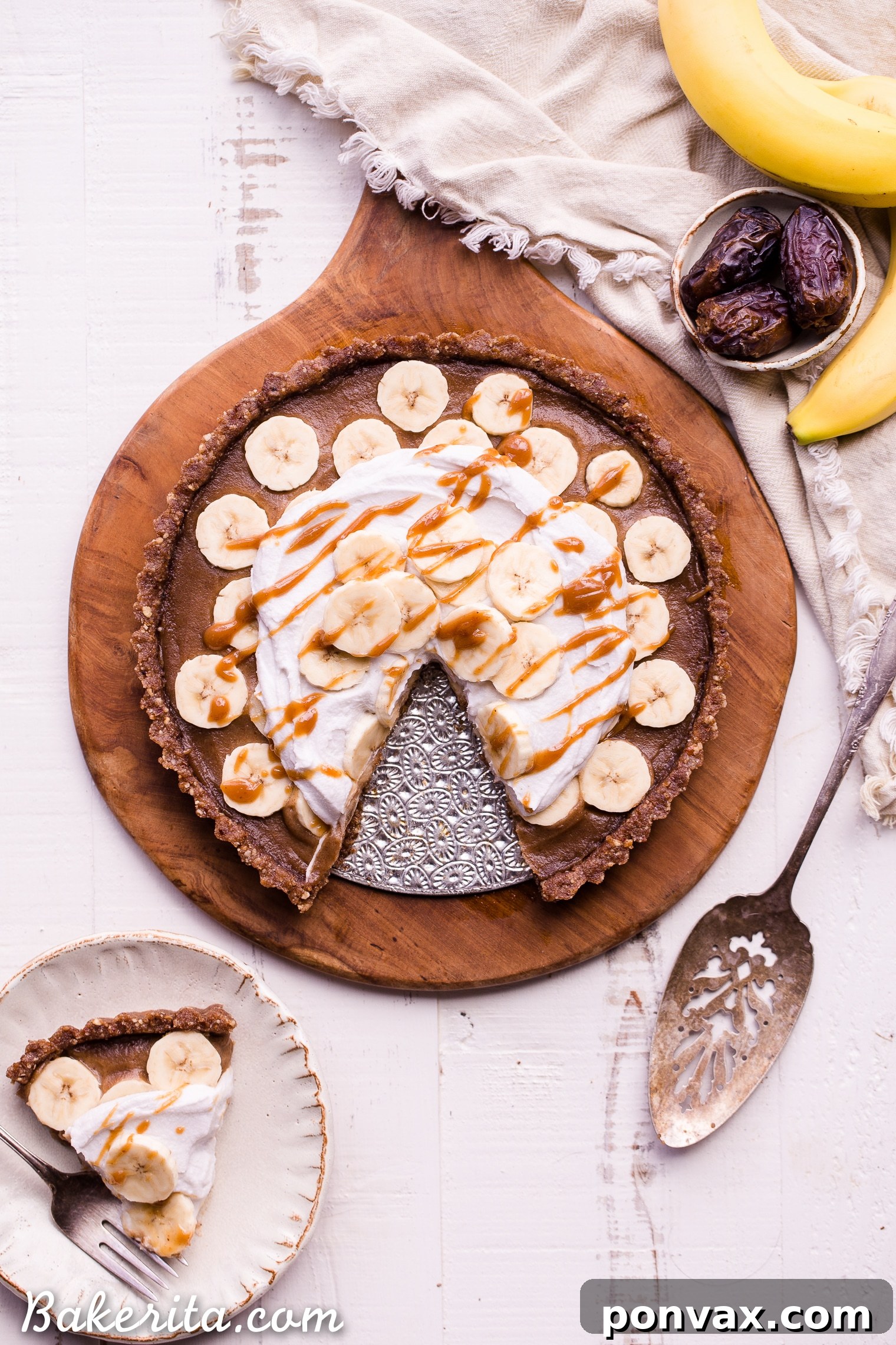 Dreamy Vegan No-Bake Banana Caramel Tart 7 This No Bake Banana Caramel Tart is similar to a classic Banoffee pie, but there's no baking necessary and it's sweetened entirely with dates! This healthy twist on a classic is sweet and scrumptious with a date caramel filling and coconut whipped cream on top. It's gluten-free, paleo, and vegan.