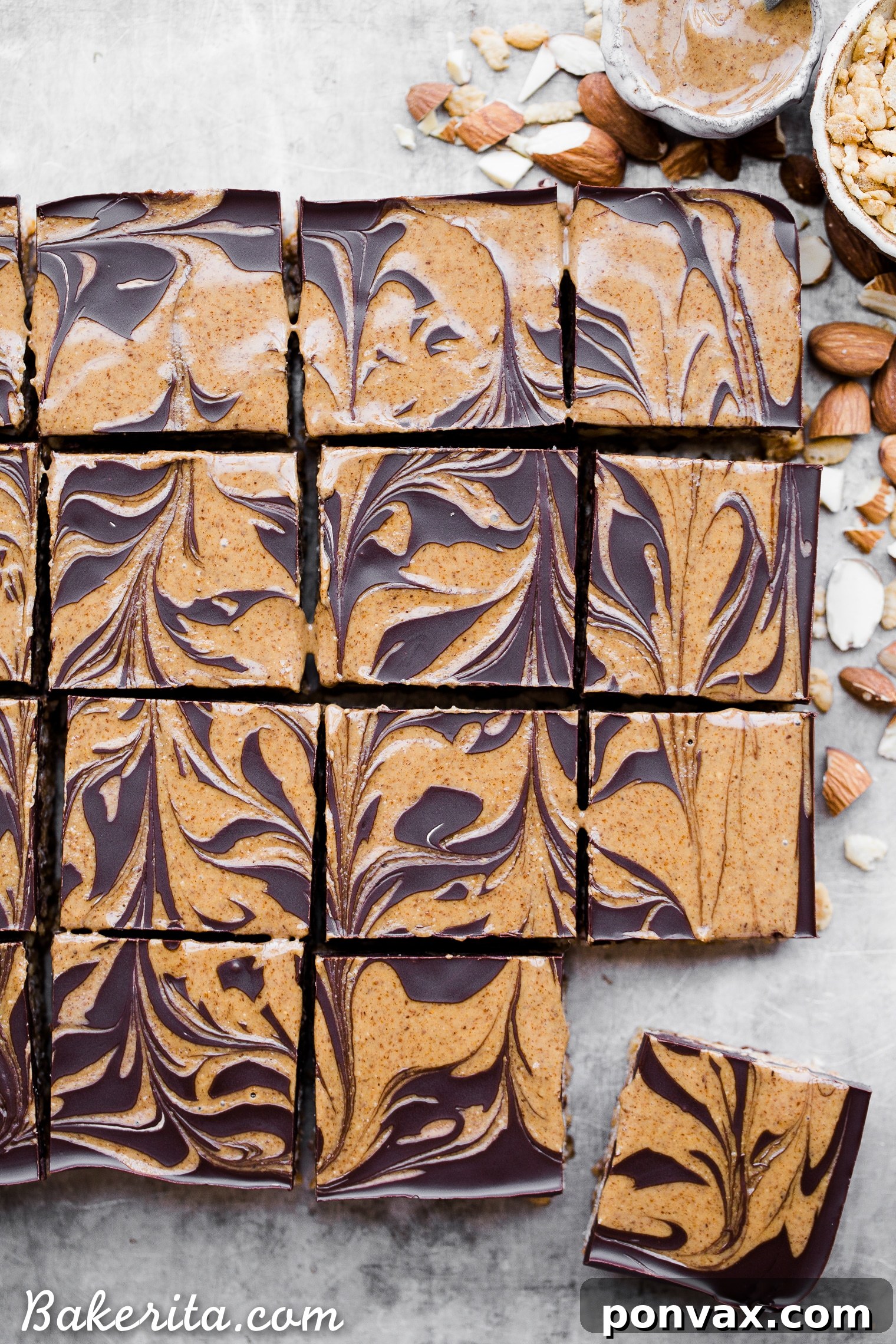 Guilt Free Crispy Chocolate Almond Butter Bars 5 Pouring the warm almond butter mixture over brown rice cereal and almonds for the crispy bar base.