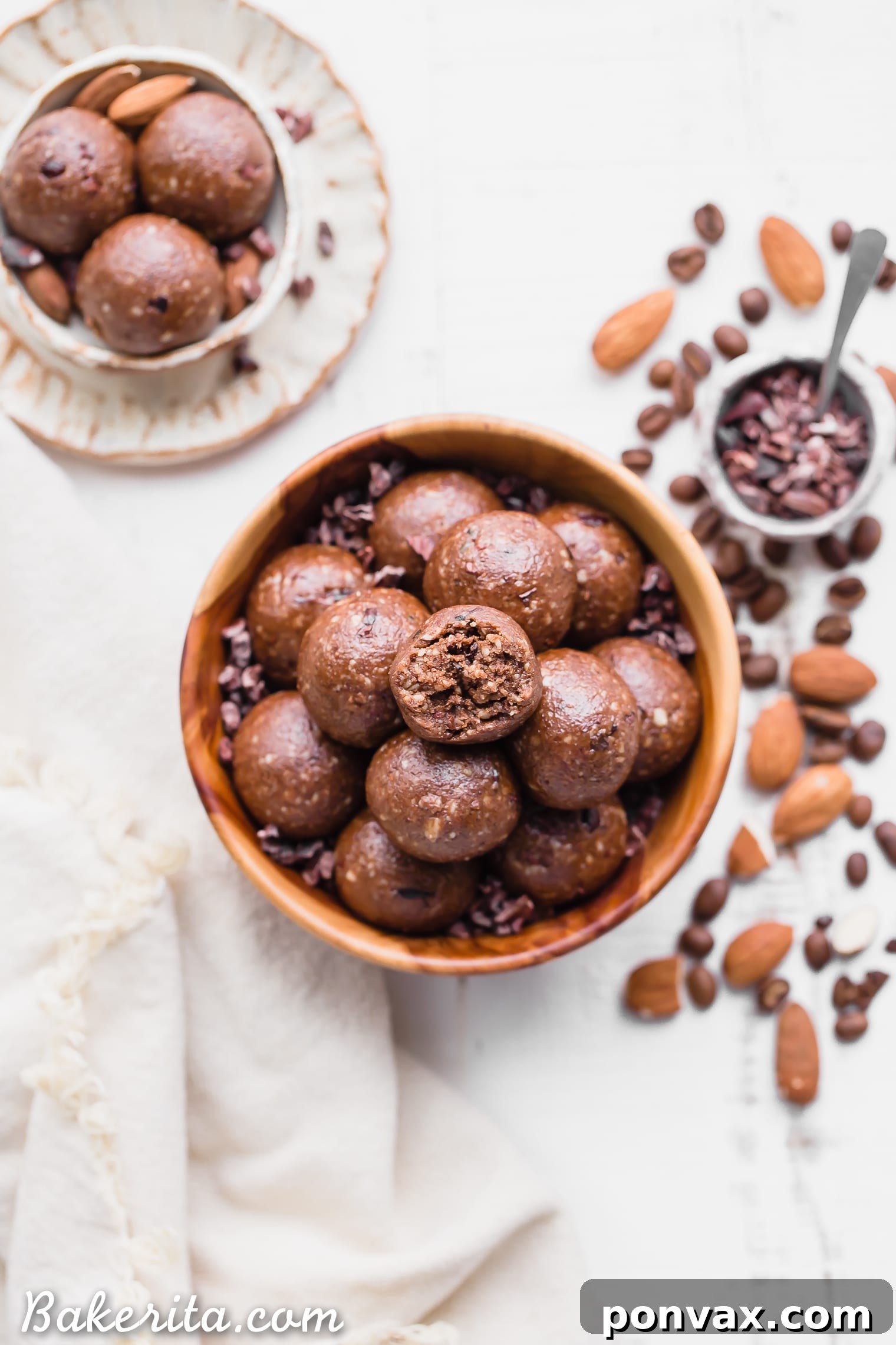 Keto Vegan Paleo Gluten Free Mocha Almond Fat Balls 2 Delicious Mocha Almond Fat Balls on a white plate, highlighting their chocolatey richness and healthy appeal. Ideal for gluten-free, paleo, vegan, and keto diets.