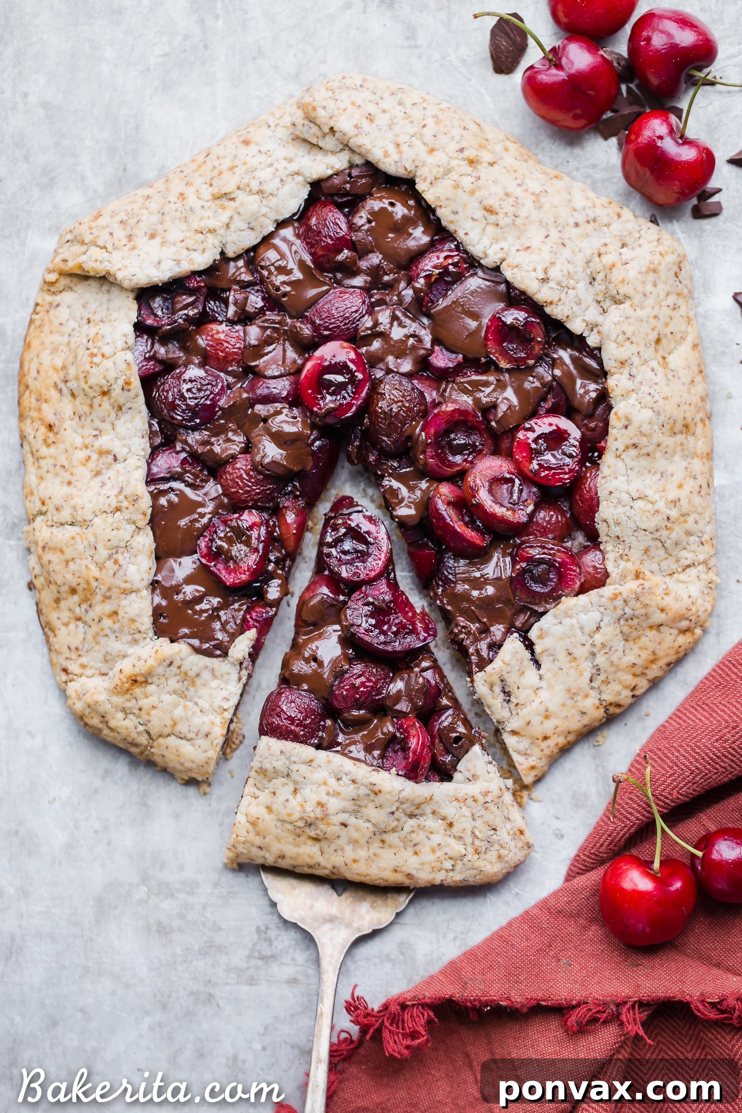 Decadent Chocolate Cherry Galette Gluten Free 2 A visually stunning Chocolate Cherry Galette, featuring a golden, flaky gluten-free and vegan crust overflowing with dark chocolate and fresh red cherries.