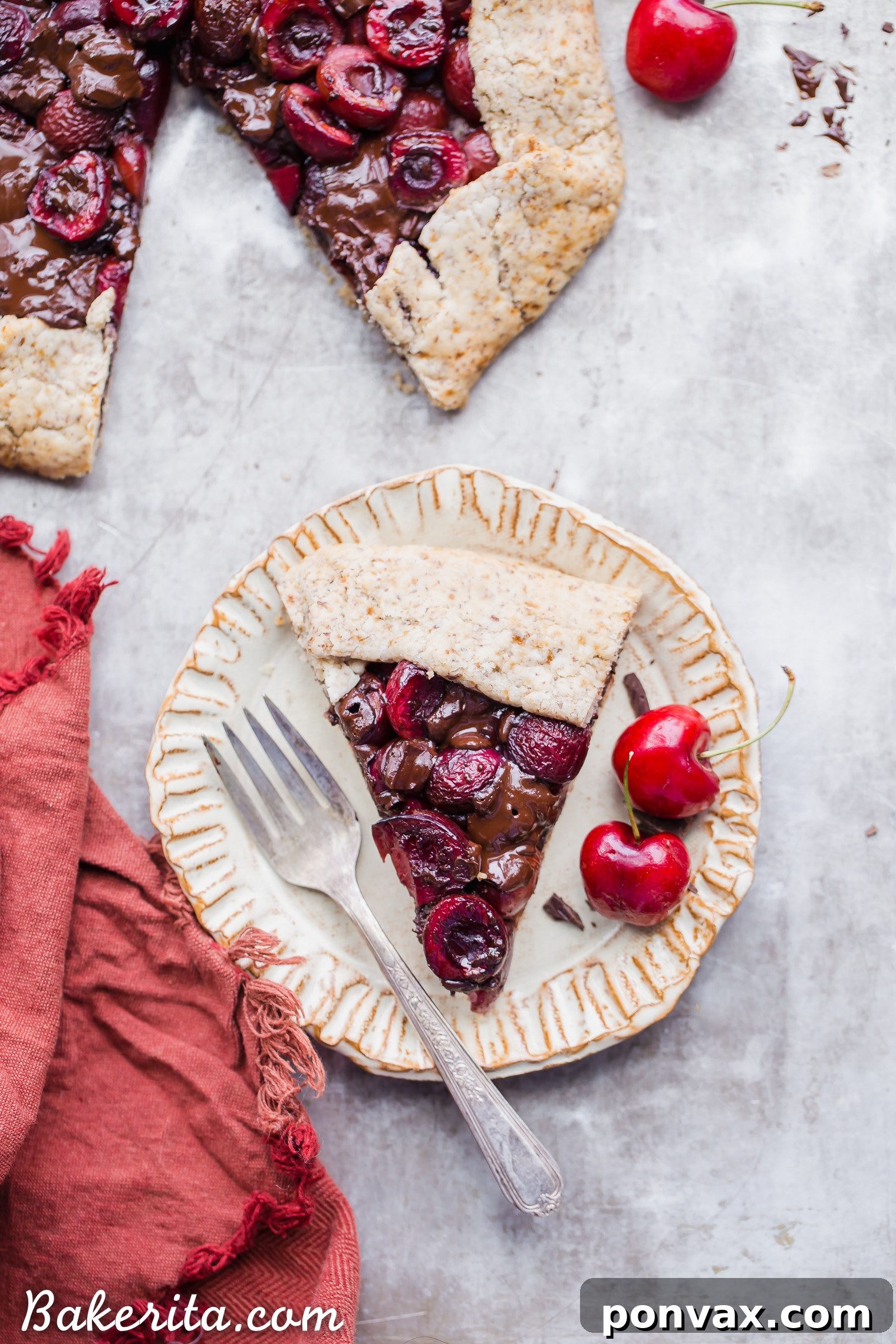Decadent Chocolate Cherry Galette Gluten Free 4 A close-up of the Chocolate Cherry Galette, showing the rustic edge of the crust and the glistening fruit filling.