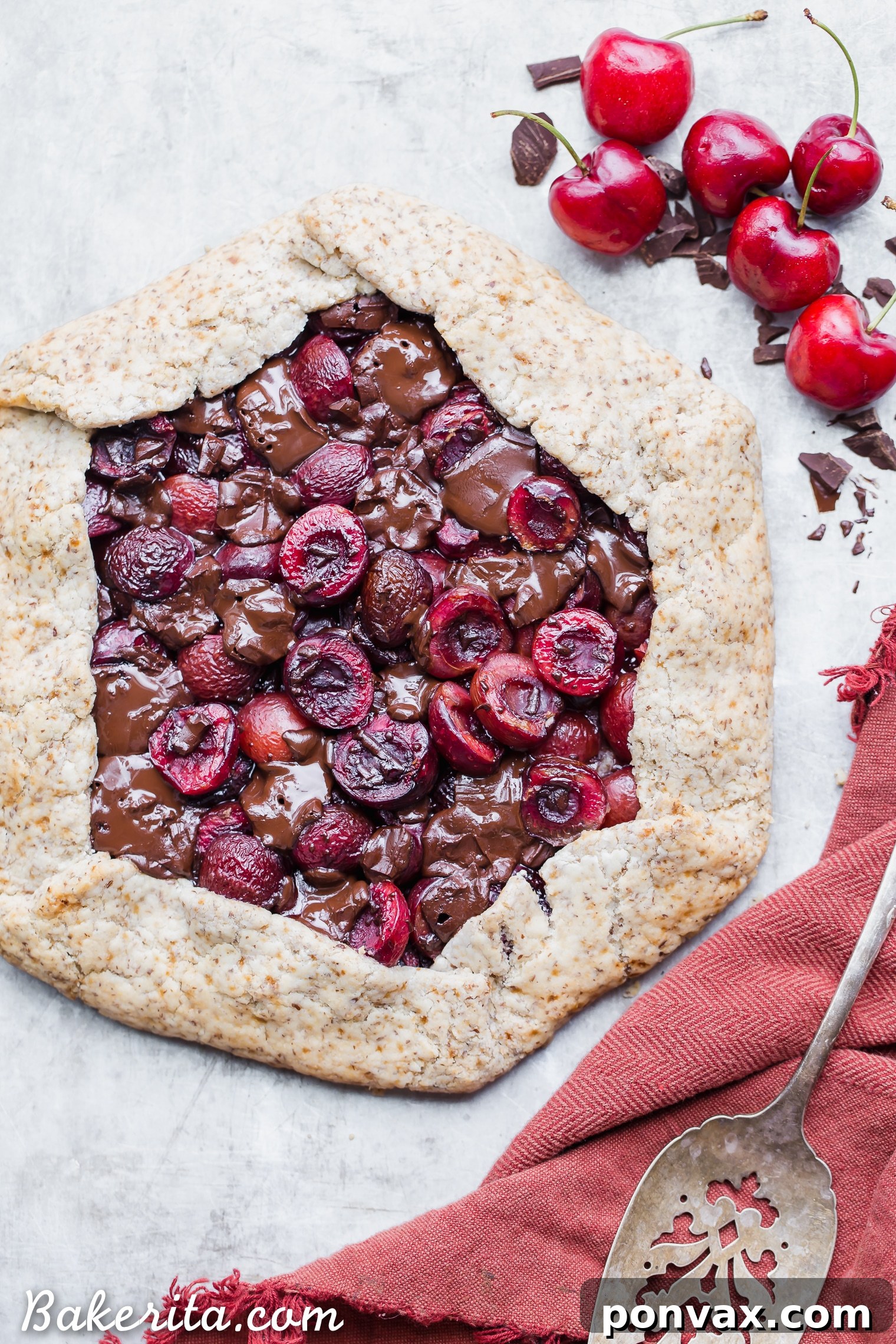 Decadent Chocolate Cherry Galette Gluten Free 5 A baked Chocolate Cherry Galette, fresh out of the oven, with a golden brown crust and bubbly filling.
