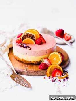 This Strawberry Orange Cheesecake with Coconut Crust is not just beautiful, but it's bright in flavor and absolutely delicious! The lemony coconut macaroon crust is perfect with the strawberry and orange flavors. You're going to adore this gluten-free, paleo and vegan cheesecake. 