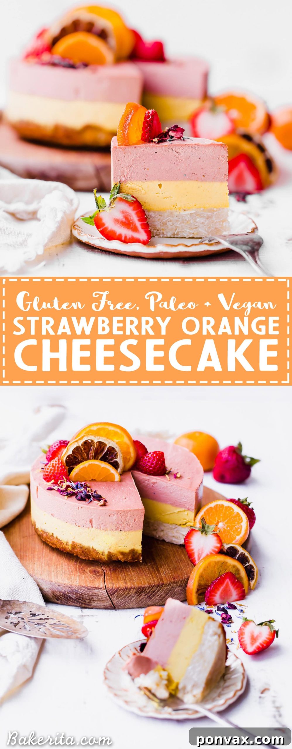 This Strawberry Orange Cheesecake with Coconut Crust is not just beautiful, but it's bright in flavor and absolutely delicious! The lemony coconut macaroon crust is perfect with the strawberry and orange flavors. You're going to adore this gluten-free, paleo and vegan cheesecake.
