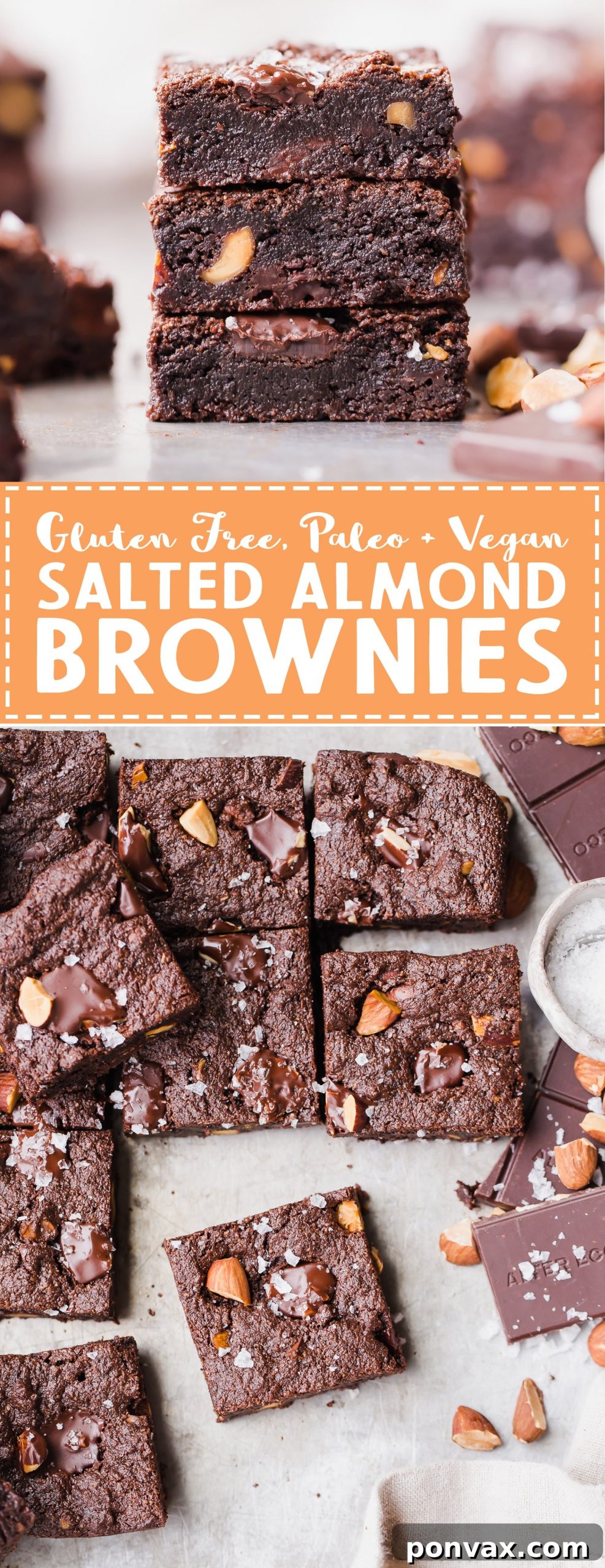 You'd never guess these super fudgy Salted Almond Brownies are gluten-free, paleo and vegan, because they taste just as good as a traditional brownie! They're incredibly fudgy and chocolatey and the toasted almonds and sea salt make them even better.