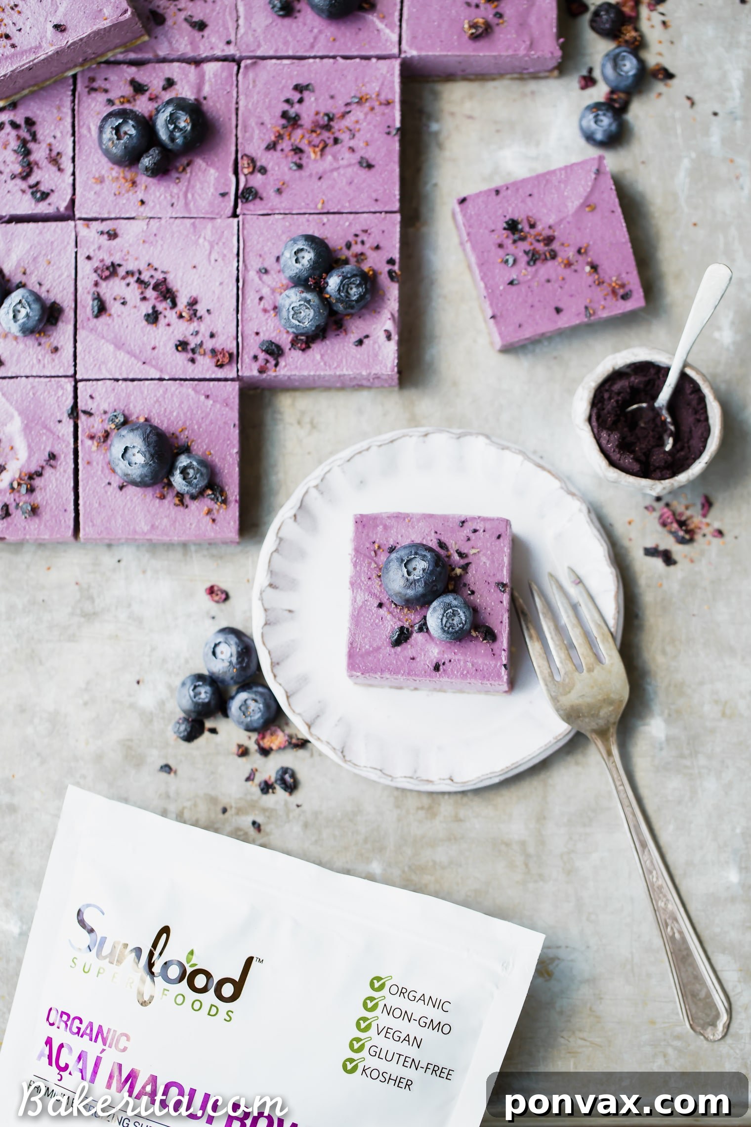 Superfood No Bake Acai Maqui Berry Bars Gluten Free Paleo Vegan 3 Close-up of creamy No-Bake Acai Maqui Berry Bars, showing their smooth texture and rich purple color.