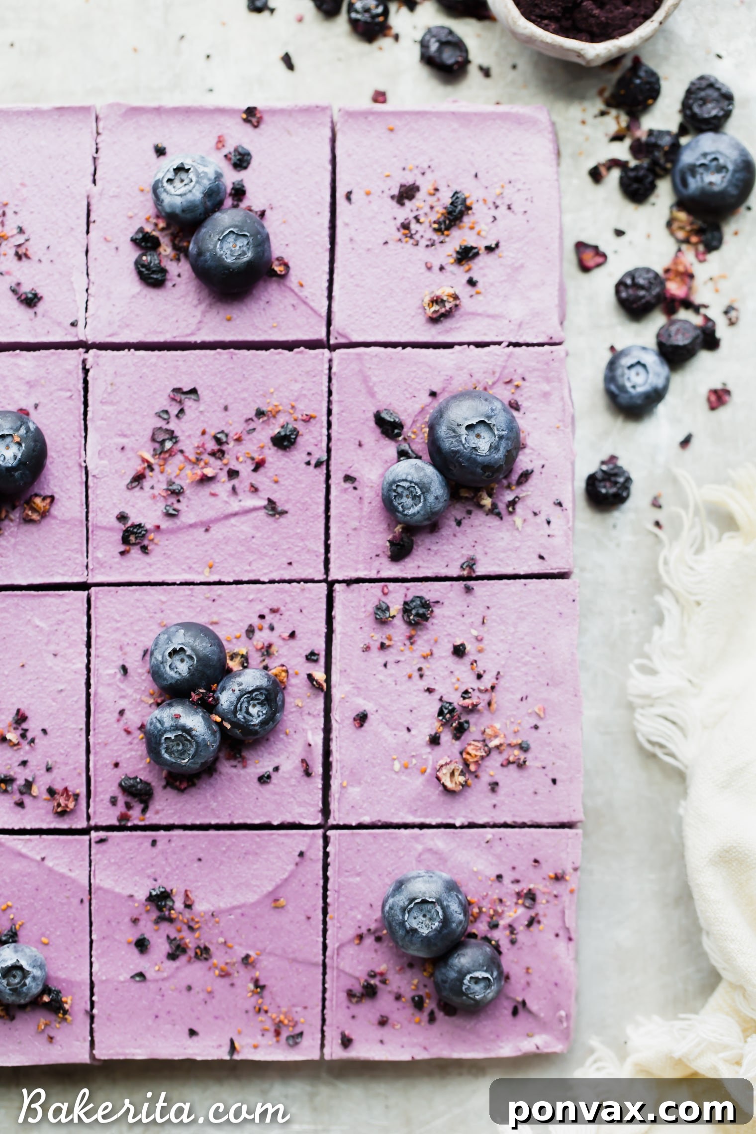 Superfood No Bake Acai Maqui Berry Bars Gluten Free Paleo Vegan 4 Three perfectly cut No-Bake Acai Maqui Berry Bars garnished with fresh blueberries.