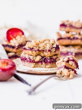 These Plum Crumble Bars have a delicious oatmeal crust and crumble topping that’s filled with a simple plum jam. These simple bars highlight one of the summer’s best stone fruits in a delicious gluten-free and vegan dessert.