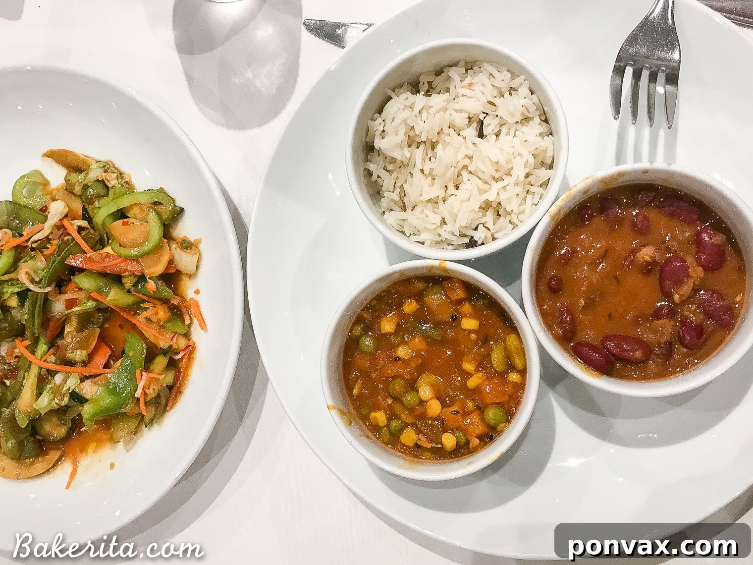 A generous vegan Indian meal with stir-fried Asian vegetables on a cruise ship
