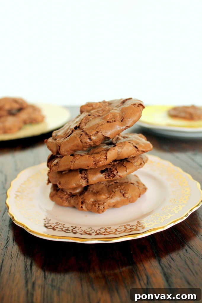 Rich dark chocolate meringue cookies studded with dried cherries and walnuts, on a cooling rack.