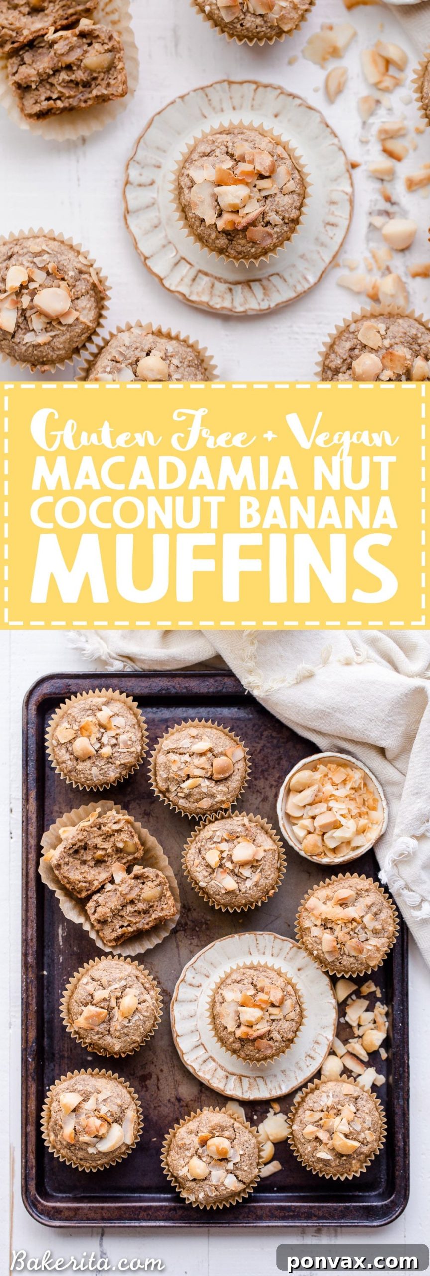 Wholesome Macadamia Nut Coconut Banana Muffins Vegan Gluten Free 9 A vibrant, high-angle shot of a Macadamia Nut Coconut Banana Muffin, beautifully golden and speckled with tropical ingredients. This visually rich image emphasizes the delightful texture and wholesome goodness of the baked good.