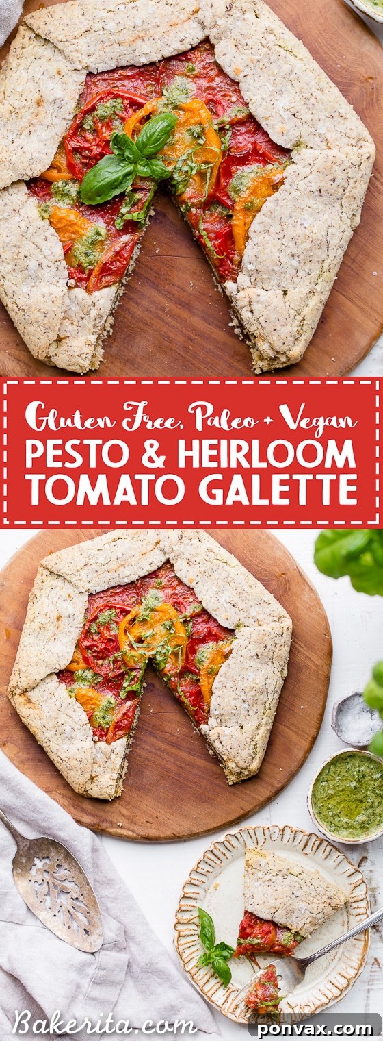 Rustic Gluten-Free Pesto Tomato Galette 9 This Pesto + Heirloom Tomato Galette has an incredibly flaky, savory crust filled with homemade pesto and thick slices of heirloom tomatoes. Served warm, it's a truly delicious appetizer or meal that you'd never guess is gluten-free, paleo, and vegan.