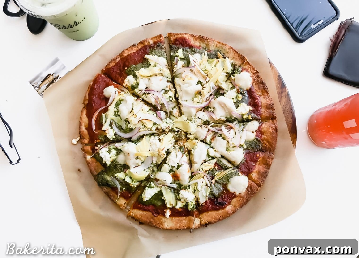 San Diego Guide - Nectarine Grove in Leucadia, CA. Pesto Pizza with vegan cheese.