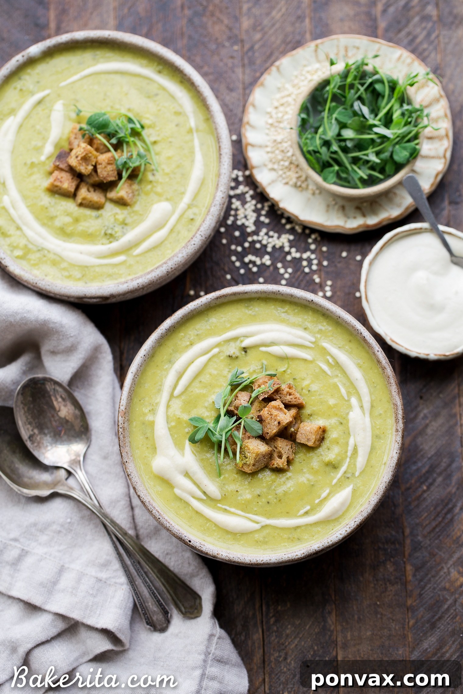 This Creamy Broccoli Quinoa Soup is thickened with cashews and swirled with an easy cashew cream sauce. It's rich and filling thanks to the quinoa and cashews and bright from a squeeze of fresh lemon juice. You'll love this gluten-free and vegan soup on these chillier days!