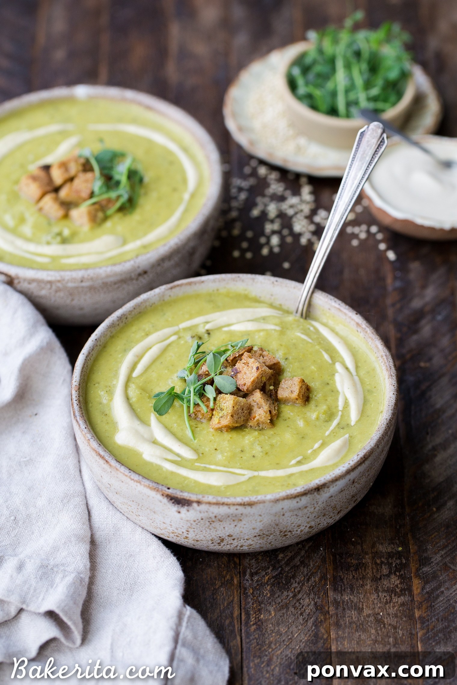 This Creamy Broccoli Quinoa Soup is thickened with cashews and swirled with an easy cashew cream sauce. It's rich and filling thanks to the quinoa and cashews and bright from a squeeze of fresh lemon juice. You'll love this gluten-free and vegan soup on these chillier days!