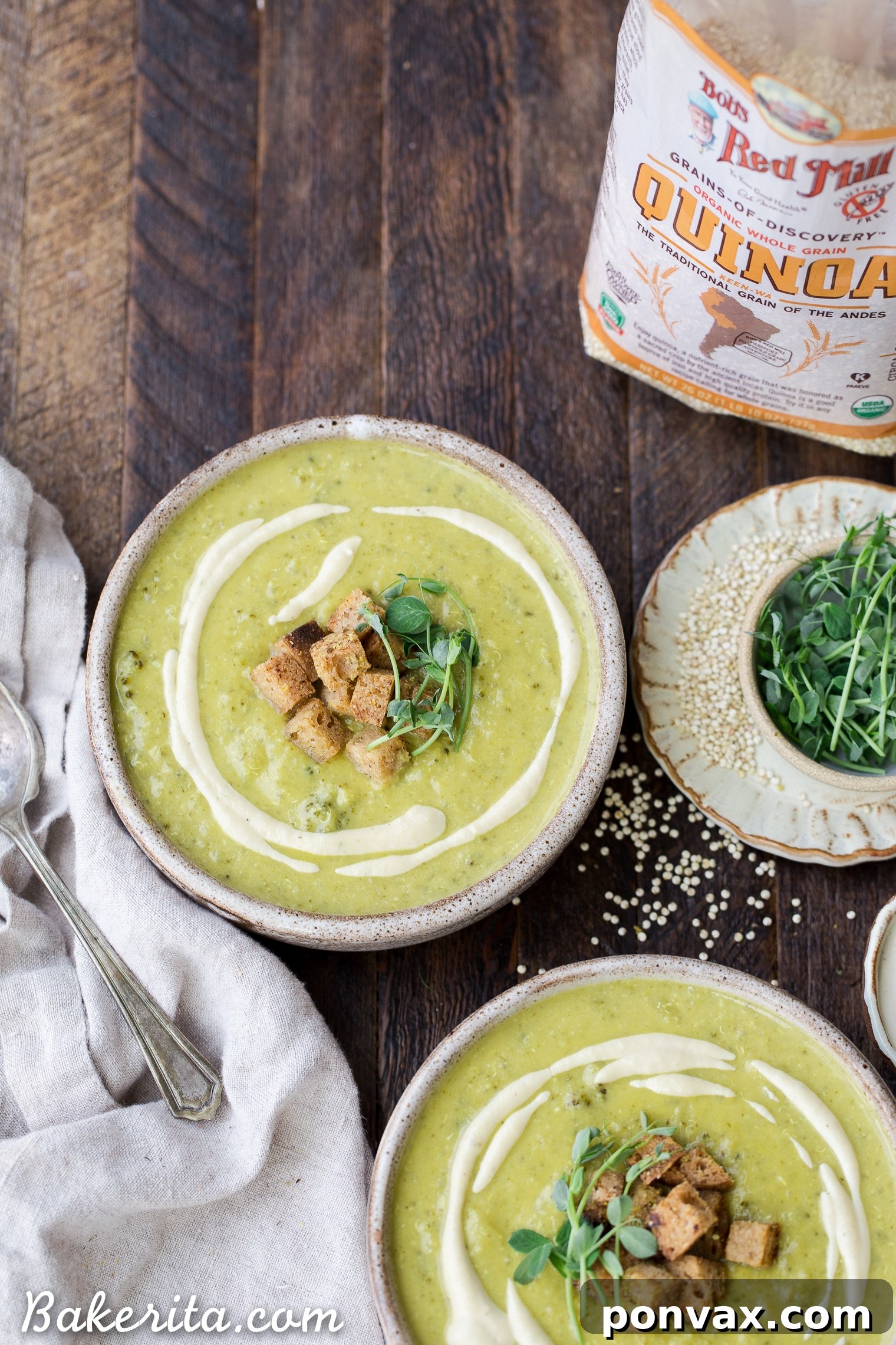 This Creamy Broccoli Quinoa Soup is thickened with cashews and swirled with an easy cashew cream sauce. It's rich and filling thanks to the quinoa and cashews and bright from a squeeze of fresh lemon juice. You'll love this gluten-free and vegan soup on these chillier days!