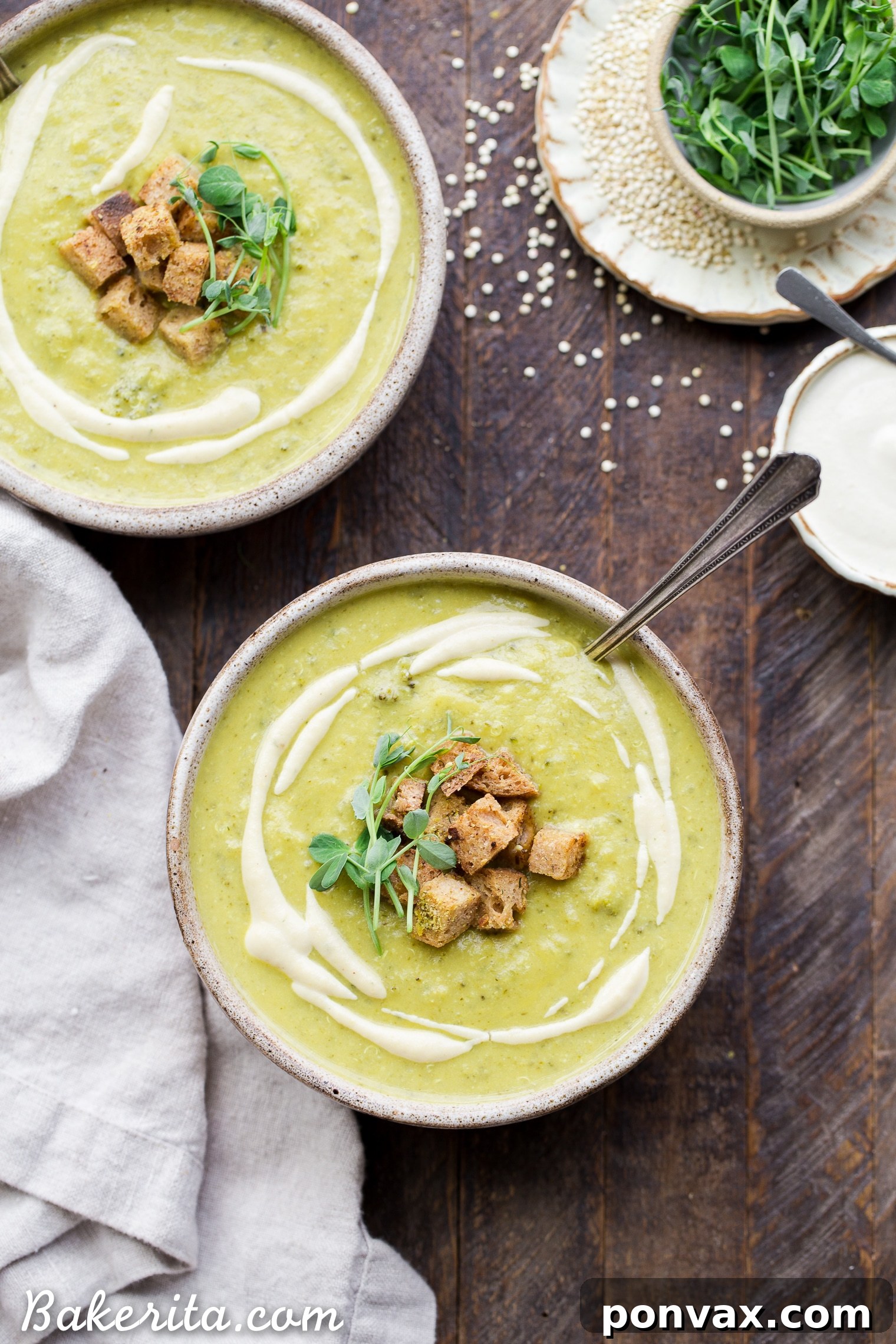 This Creamy Broccoli Quinoa Soup is thickened with cashews and swirled with an easy cashew cream sauce. It's rich and filling thanks to the quinoa and cashews and bright from a squeeze of fresh lemon juice. You'll love this gluten-free and vegan soup on these chillier days!