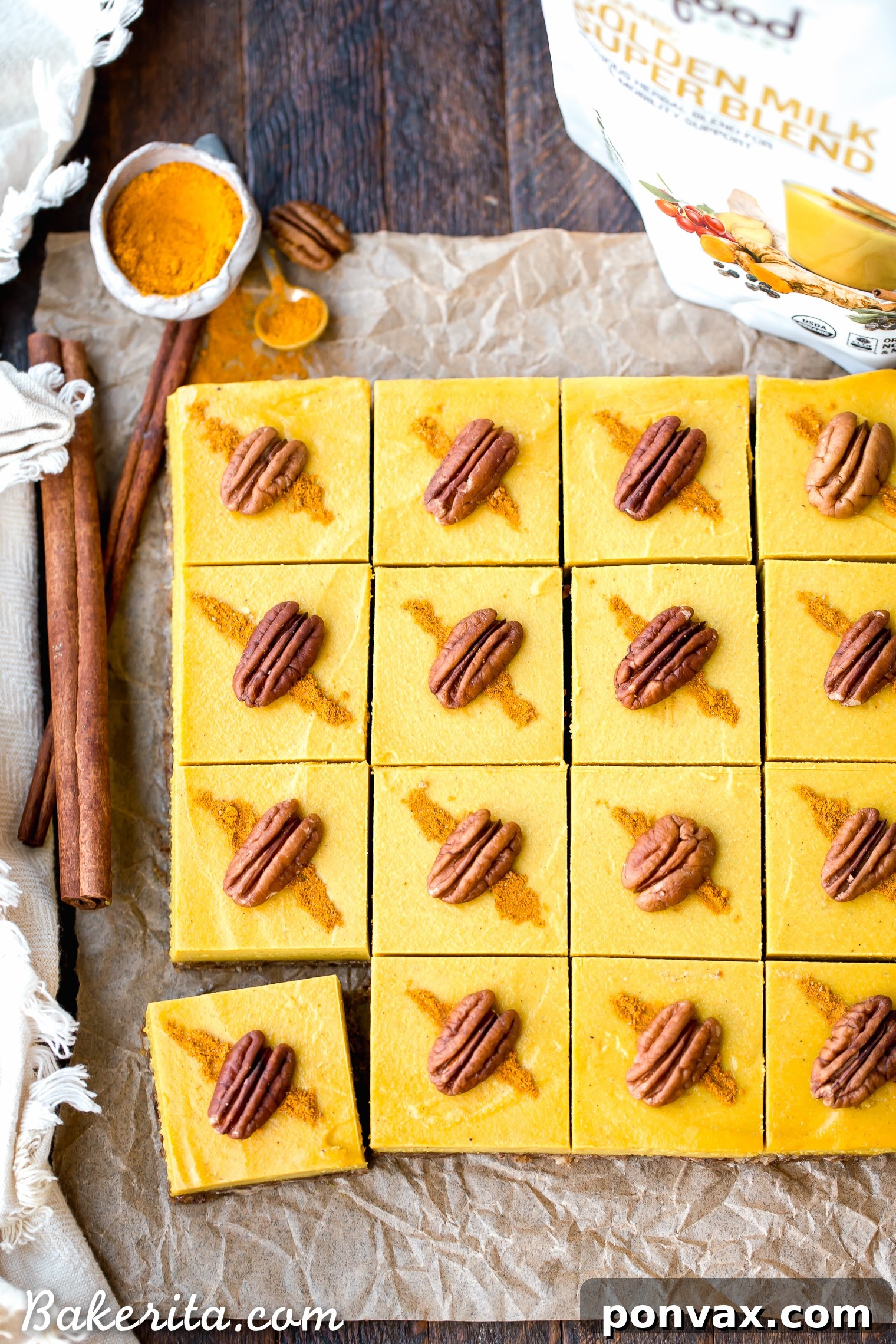 These No Bake Golden Milk Cheesecake Bars are a dessert that's loaded with the anti-inflammatory benefits of turmeric and the warmth and comfort of golden milk. They're deliciously spiced, gluten-free, paleo, vegan, and perfect for sharing.