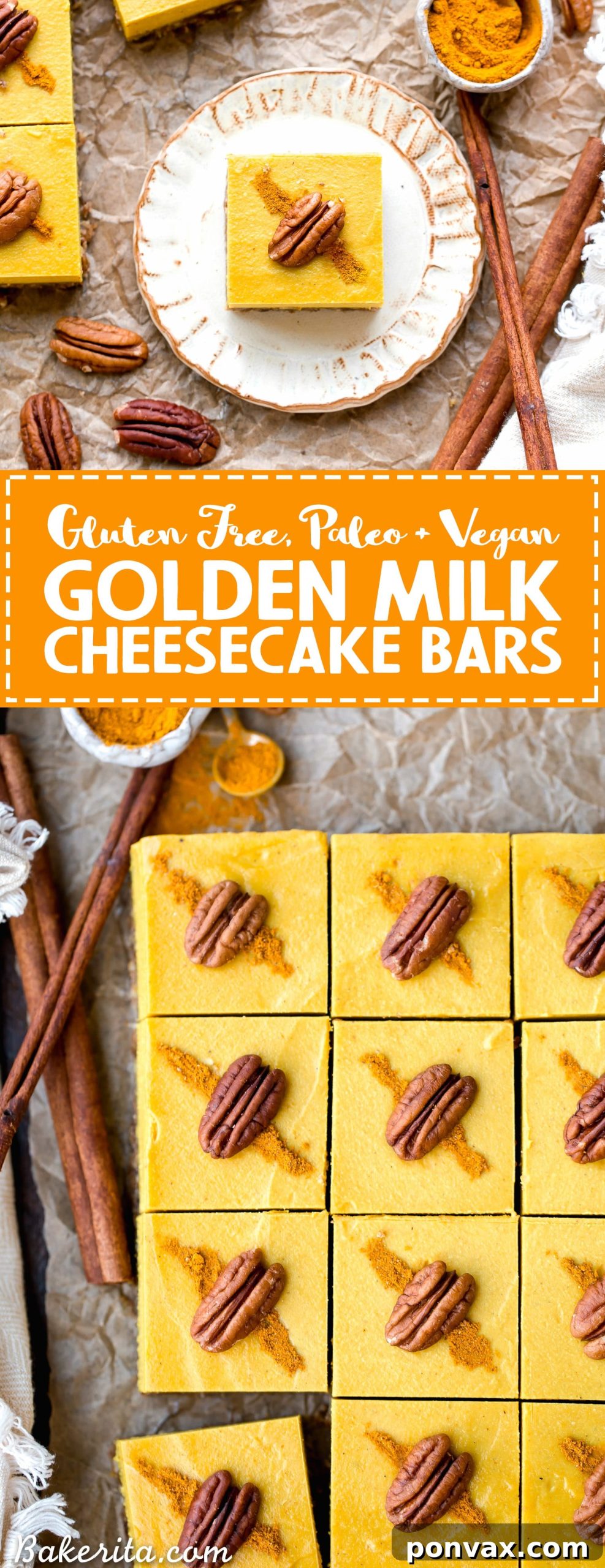 These No Bake Golden Milk Cheesecake Bars are a dessert that's loaded with the anti-inflammatory benefits of turmeric and the warmth and comfort of golden milk. They're deliciously spiced, gluten-free, paleo, vegan, and perfect for sharing.