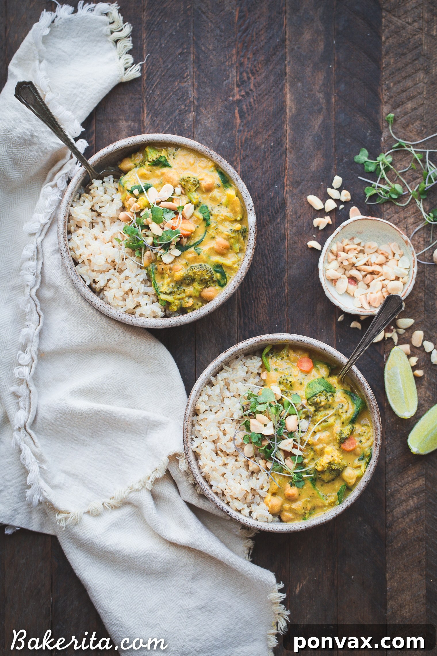 A close-up of a serving of Vegan Broccoli Chickpea Curry, showing the thick, creamy sauce clinging to the broccoli and chickpeas, ready to be enjoyed with a side of grains or flatbread.