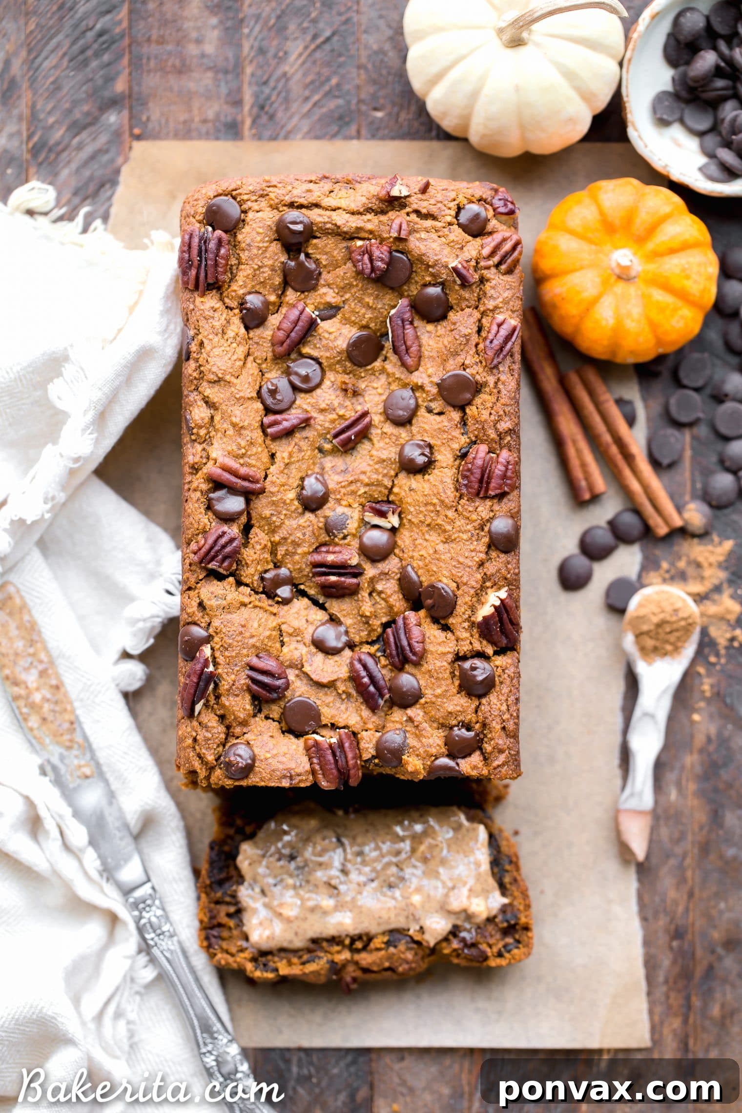 A slice of warm Chocolate Chip Vegan Pumpkin Bread, rich with pumpkin pie spice and loaded with melting chocolate chips, perfect for a gluten-free and vegan breakfast or snack.