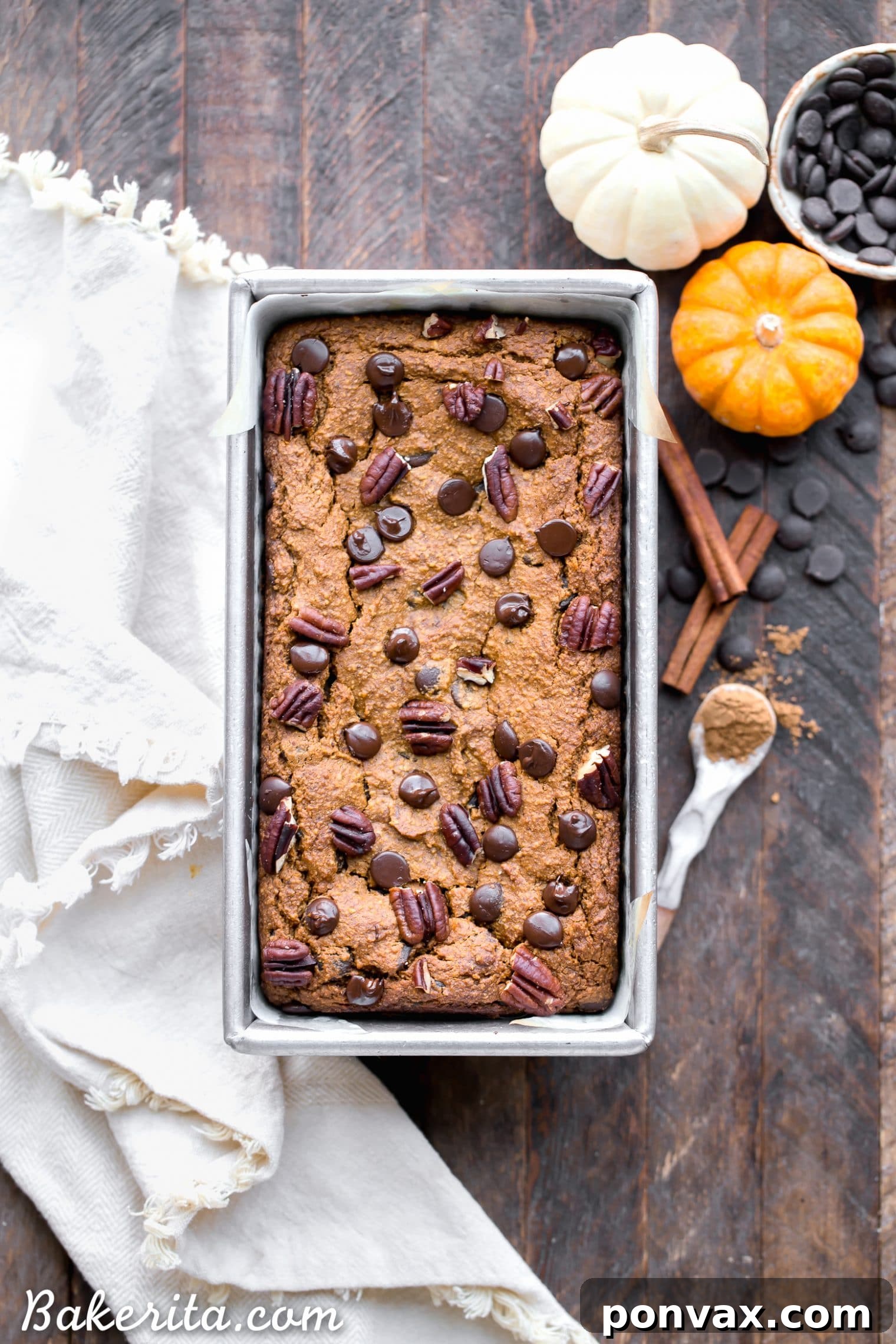Close-up of a loaf of Chocolate Chip Vegan Pumpkin Bread, showcasing its tender crumb and generous scattering of chocolate chips, an excellent gluten-free and vegan option.