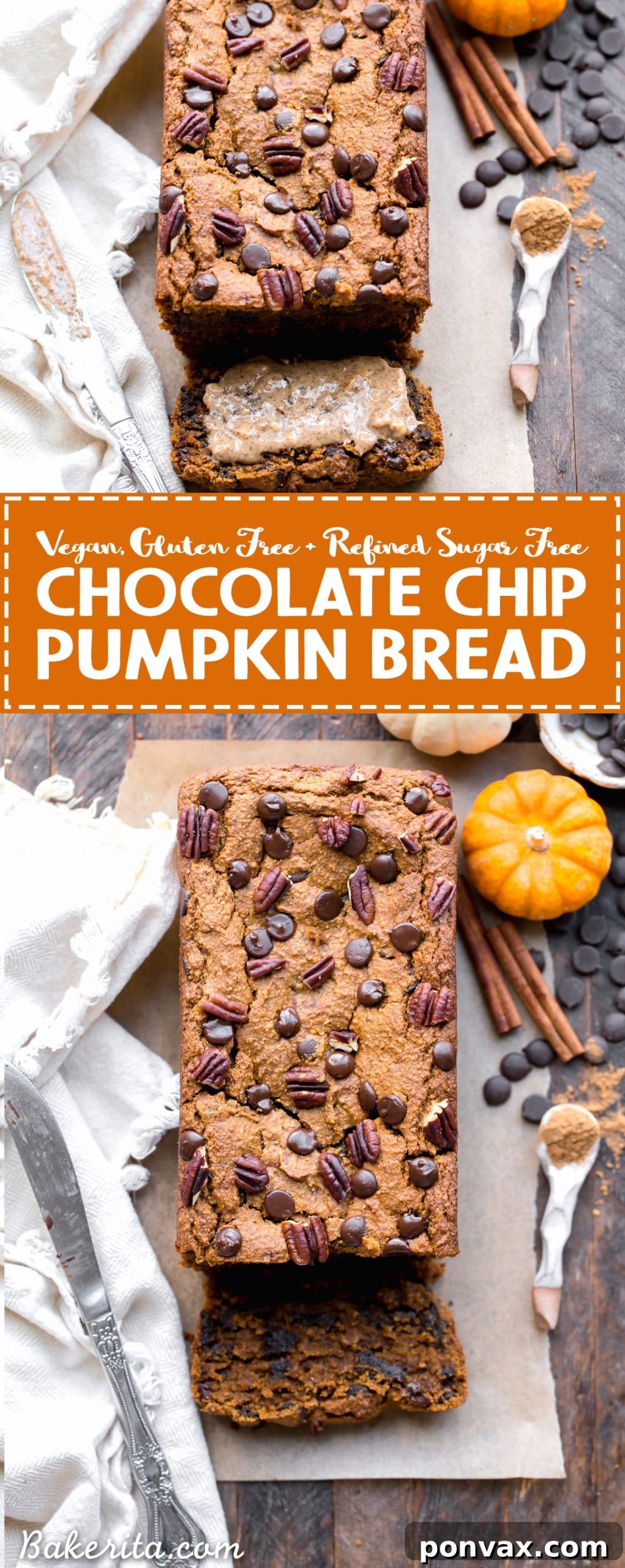 A wider shot of the Chocolate Chip Vegan Pumpkin Bread, emphasizing its perfect rise and delicious golden-brown crust, a truly satisfying gluten-free and vegan bake.