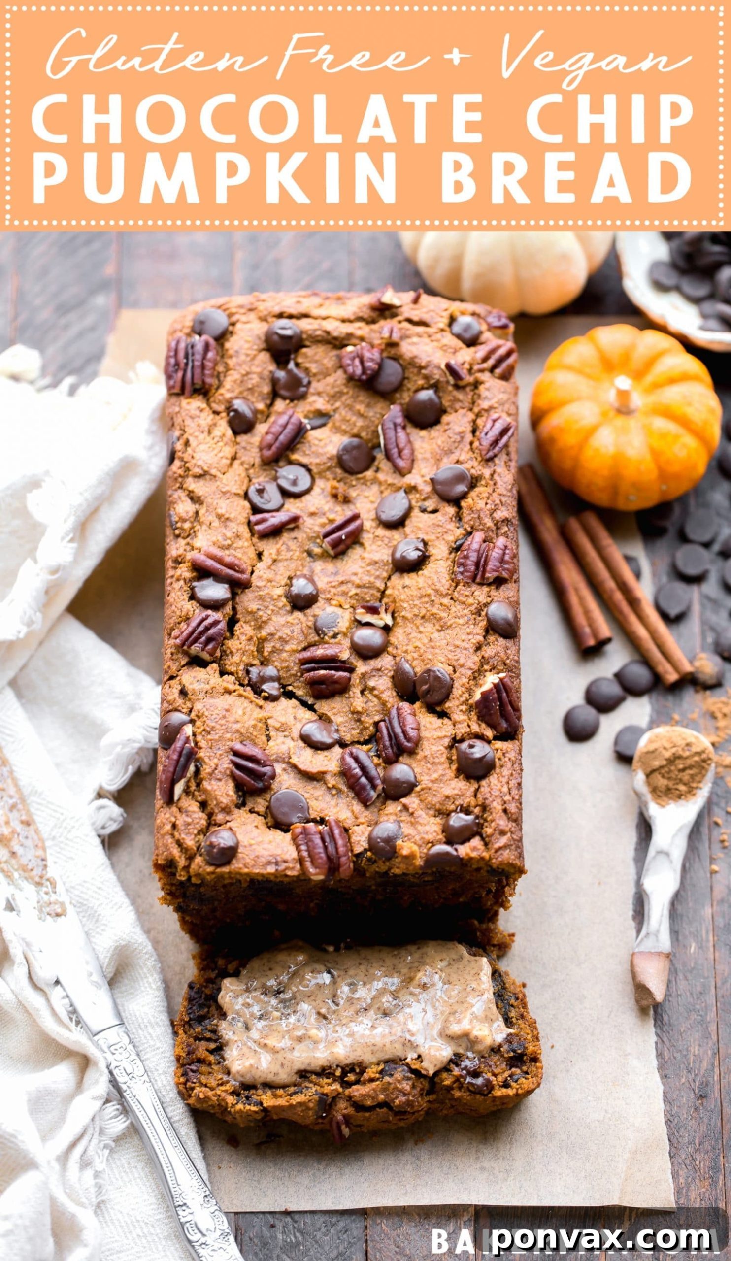 Another enticing view of Chocolate Chip Vegan Pumpkin Bread, showcasing a slice with a rich interior and melted chocolate, inviting a taste of this wholesome, plant-based indulgence.