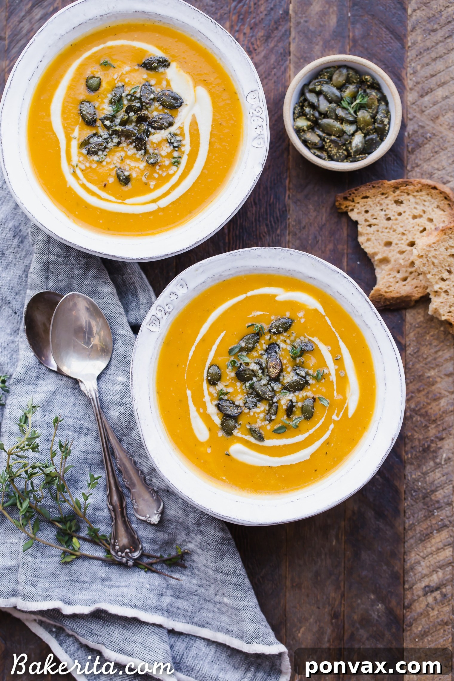Golden Vegan Squash Bliss 2 Creamy Vegan Butternut Squash Soup with Cashew Swirl and Spiced Pumpkin Seeds