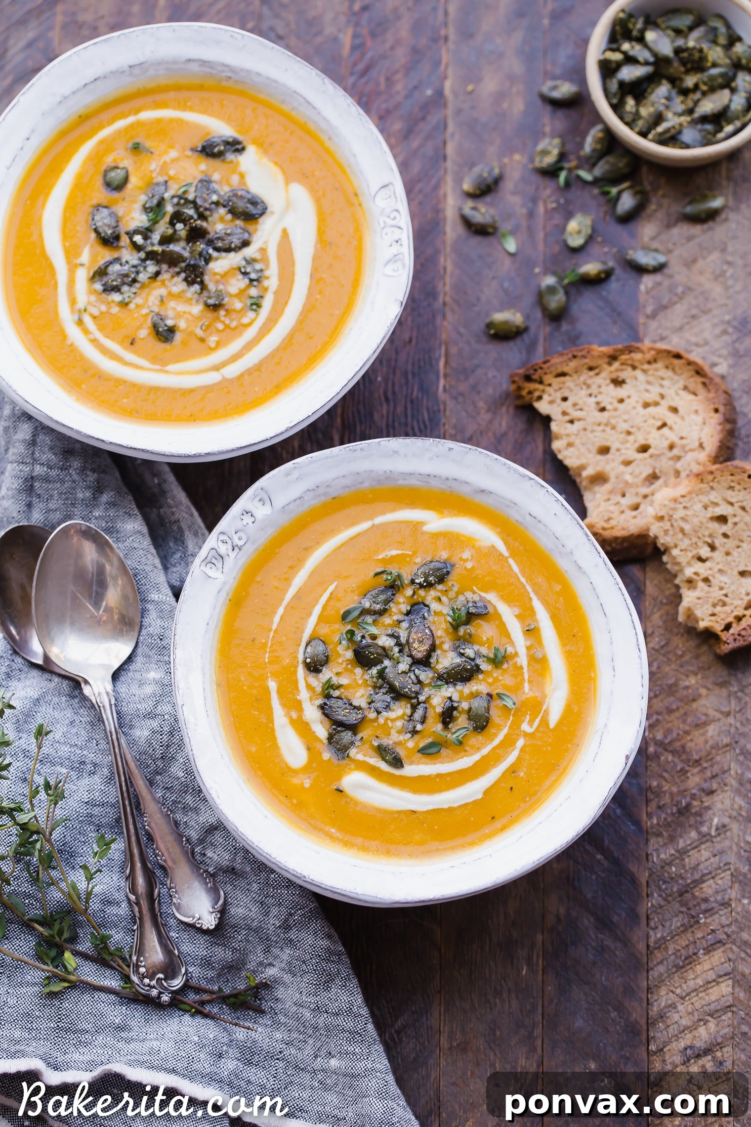 Golden Vegan Squash Bliss 4 Close-up of a spoonful of velvety butternut squash soup with delicate cashew cream swirl
